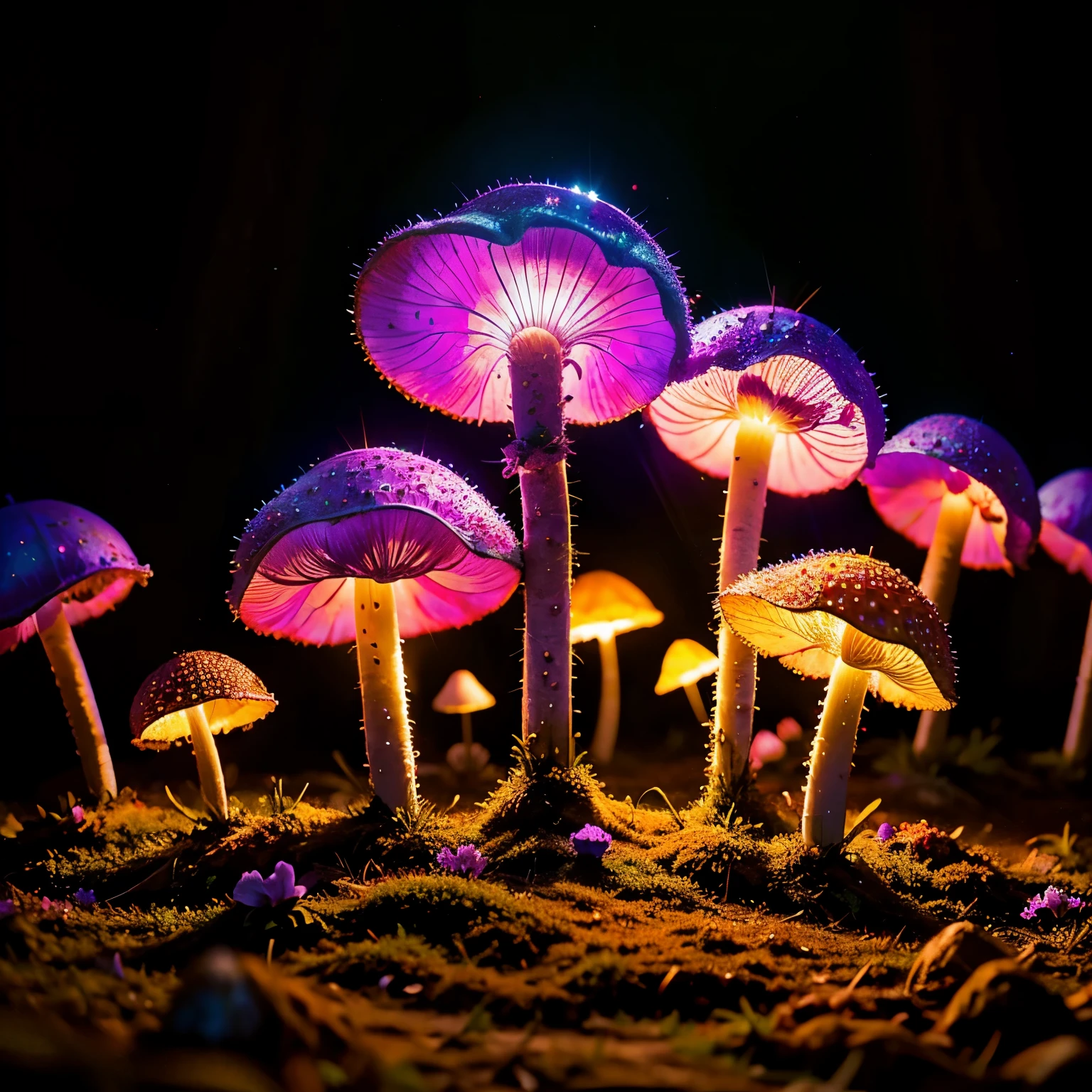 Fly agaric with violet illumination in a night forest with sparkles