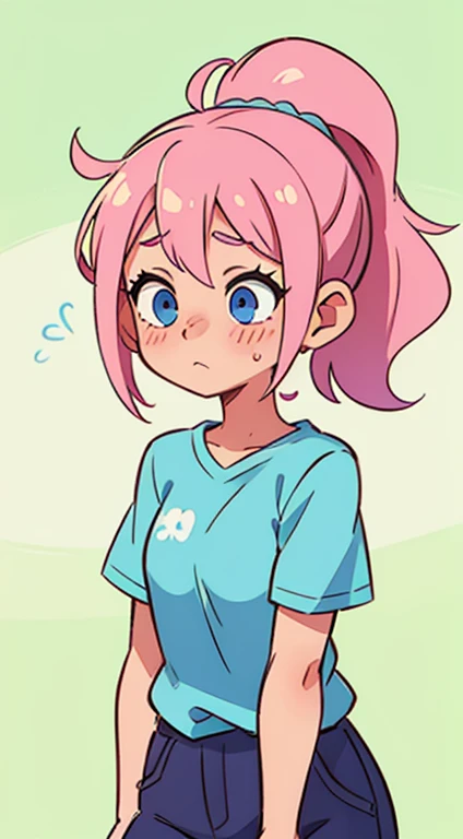 girl with ponytail,pink pastel hair,blue shirt,her name is Bloom,shy,blush,