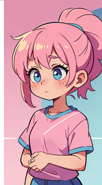 girl with ponytail,pink pastel hair,blue shirt,her name is Bloom,shy,blush,