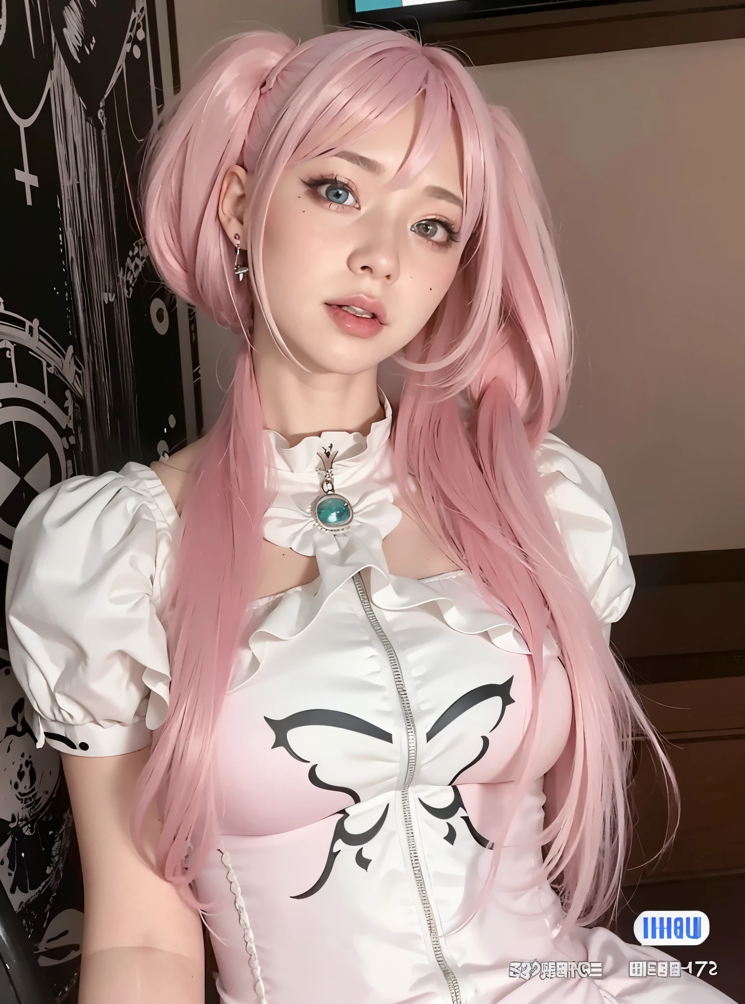 a close up of a woman with pink hair wearing a white dress, belle delphine, pink twintail hair and cyan eyes, anime girl cosplay, anime inspired, anime cosplay, anime girl in real life, ahegao, fairycore, ahegao face, 1 7 - year - old anime goth girl, portrait of magical girl, with pink hair, rococo cyberpunk