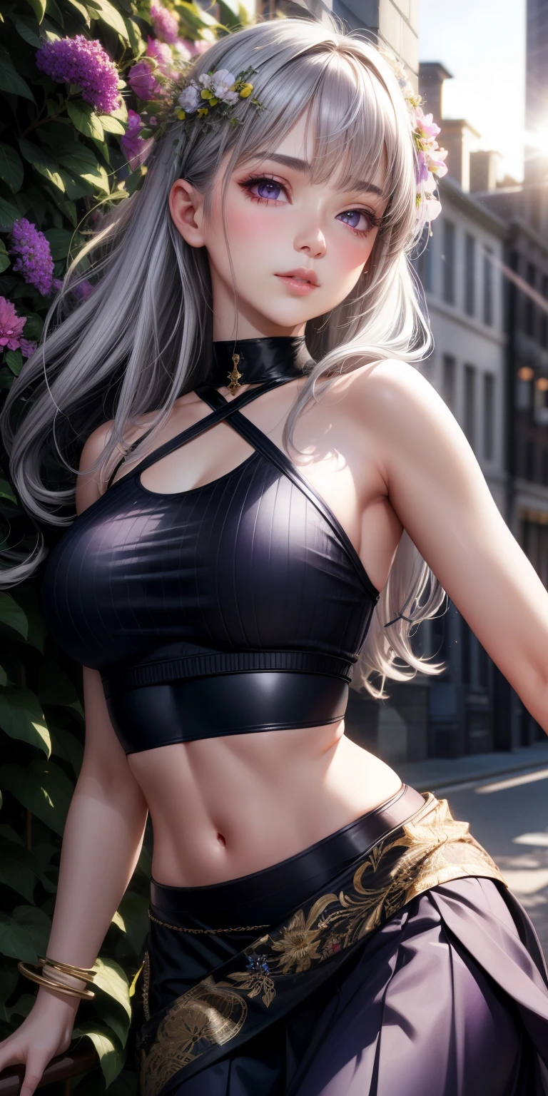 realistic, 1 girl, gray hair, purple eyes, shining eyes, crop top, skirt, parted lips, blush, night, flowers, sun, sunlight,