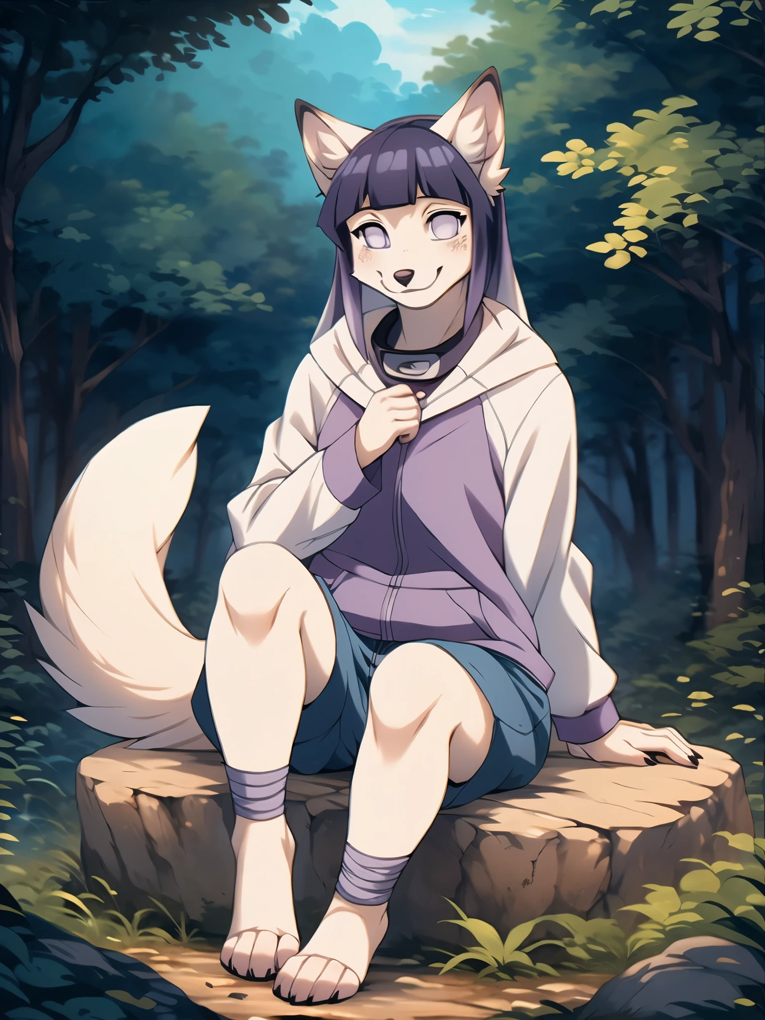 Hinata,  an anthropomorphic white fox girl, white fox ears, white fox tail, long purple hair, straight bangs,  blue shorts, feet paws wrapped in bandages, purple and white hoodie, forest, sitting on a rock, masterpiece, best quality, detailed face, detailed eyes, shy smile, by hioshiru, by fumiko