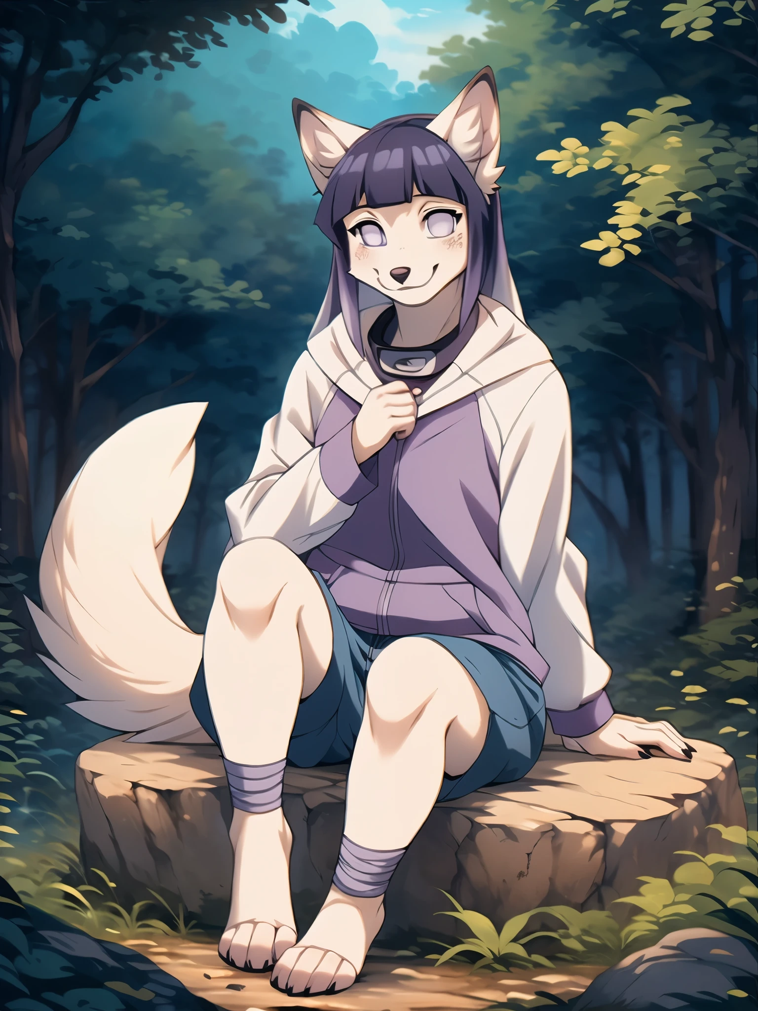 Hinata, an anthropomorphic white fox girl, white fox ears, white fox tail, long purple hair, straight bangs, blue shorts, feet paws wrapped in bandages, purple and white hoodie, forest, sitting on a rock, masterpiece, best quality, detailed face, detailed eyes, shy smile, by hioshiru, by fumiko