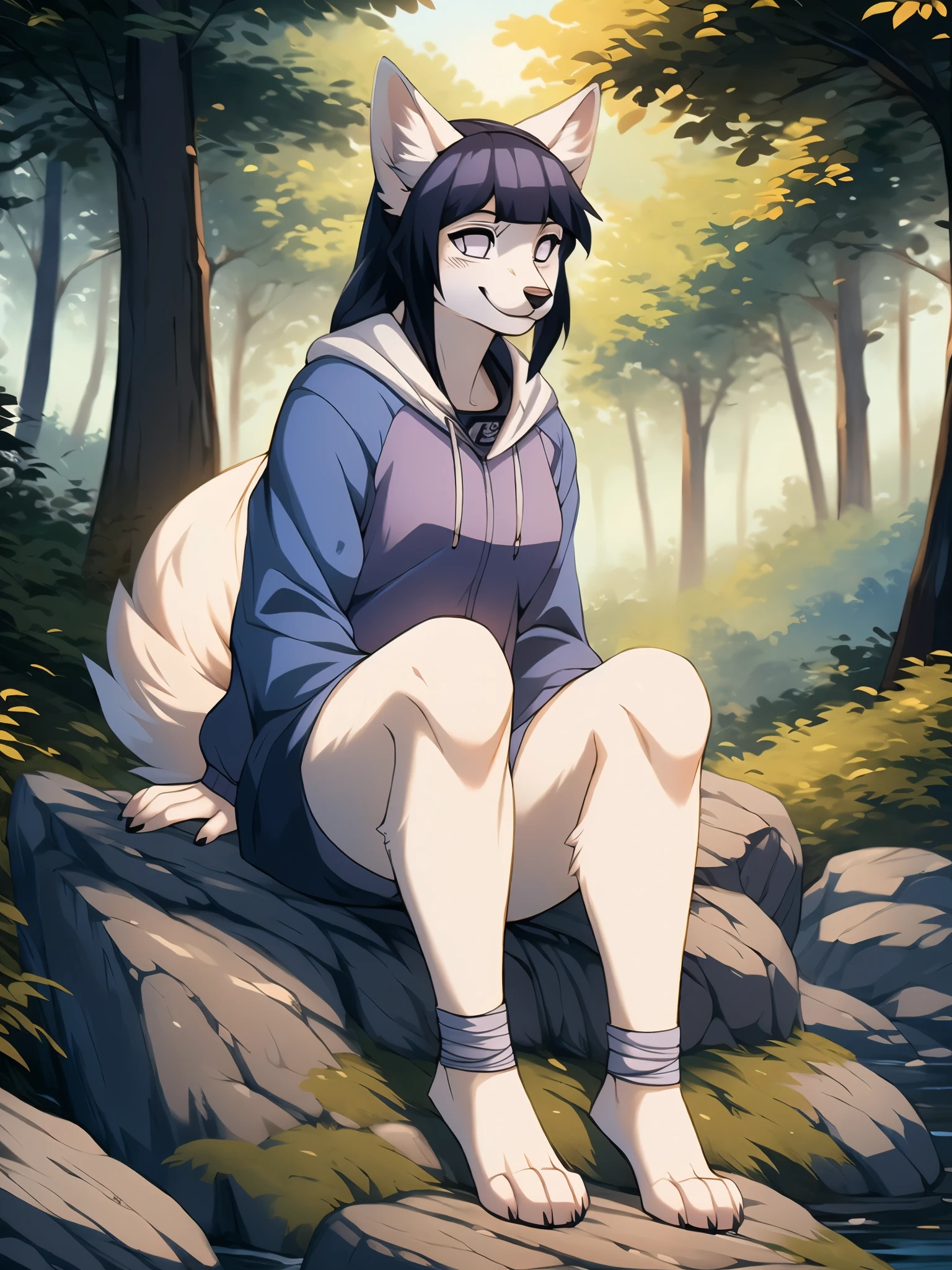 Hinata,  an anthropomorphic white fox girl, white fox ears, white fox tail, long purple hair, straight bangs,  blue shorts, feet paws wrapped in bandages, purple and white hoodie, forest, sitting on a rock, masterpiece, best quality, detailed face, detailed eyes, shy smile, by hioshiru, by fumiko