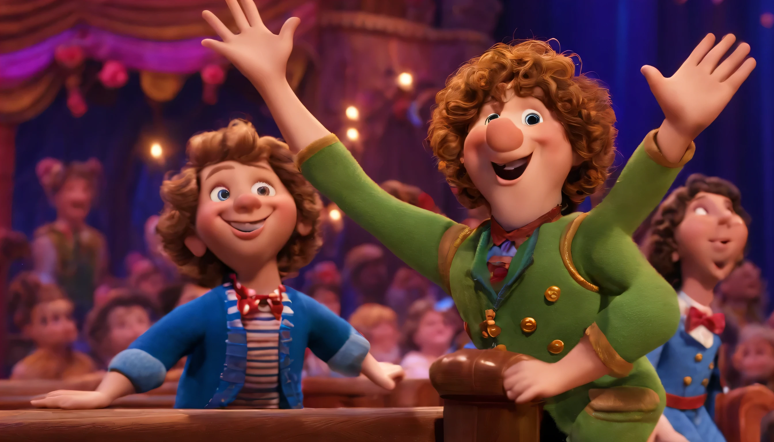 Pippin is on stage, holding a microphone, and delivering a funny joke with animated facial expressions.
The audience, consisting of both children and adults, is depicted laughing and clapping with joy.
The stage is well-lit, with colorful spotlights highlighting Pippin's energetic performance.