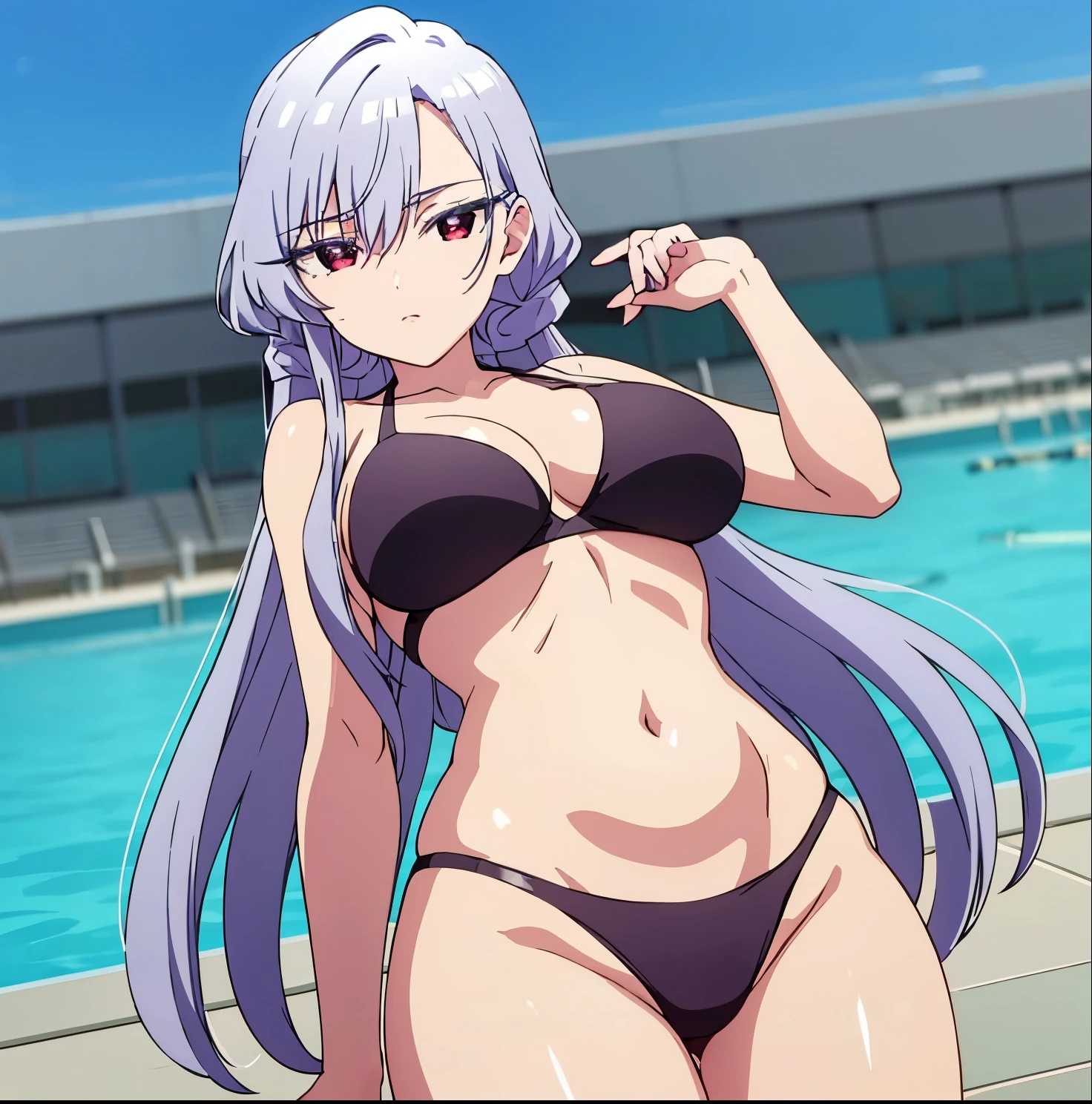 1girl,alone,Nano Eiai,very long hair,gray hair,bangs,hair between eyes,red eyes,expressionless, NanoEiaiyongyi, single braid, braided ponytail, long locks, collarbone, violet black bikini top, halter neck, cut out neckline, violet black bikini bottoms, bare shoulders, bare arms, big breasts, cleavage, navel, groin, bare legs , pool, outdoors, big breasts, medium waist, wide hips, medium thighs, hand on hip, ass visible through thighs, looking at the viewer,pov(from below),Exquisite images, high definition,masterpiece,best quality,Exquisite images,high definition,masterpiece,best quality,18 years old,Young woman,Beautiful fingers,Beautiful long legs,Beautiful body, beautiful character design, excellent anatomy, excellent hands