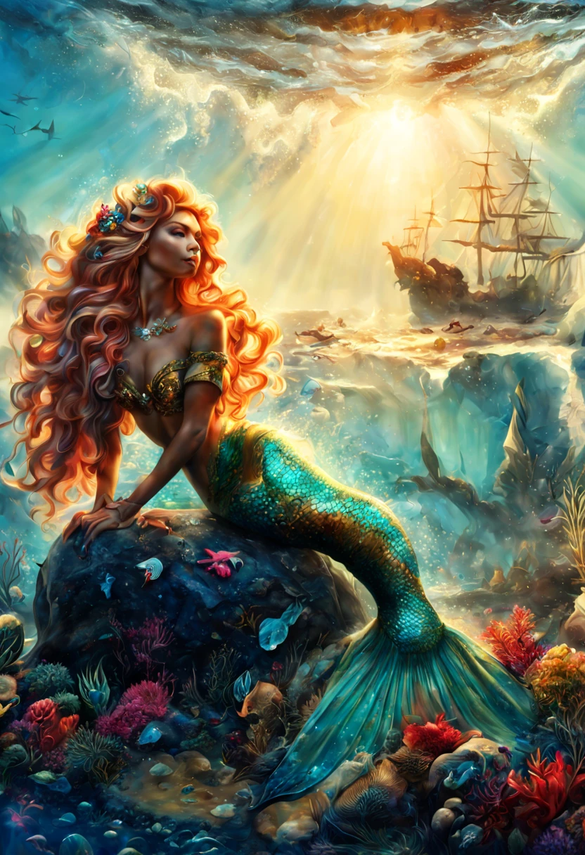 (highres:1.2), detailed mermaid with shimmering scales, sitting gracefully on a rugged rock, overlooking the vast expanse of the ocean, serene expression on her face. The water around her is crystal clear, with rays of sunlight streaming through, creating a magical underwater ambiance. Her sapphire-blue tail elegantly curls around the rock, adorned with intricate patterns and iridescent colors. The splashes of water droplets glisten in the sunlight, adding a dynamic touch to the scene. The surrounding marine life, such as colorful coral reefs, exotic fish, and gentle sea turtles, enhance the beauty of the underwater world. Soft rays of light penetrate the surface, casting a gentle glow on the mermaid's flowing, long golden hair. The entire composition is captured in a dreamlike, ethereal style, reminiscent of classic oil paintings. The color palette is vibrant and harmonious, with shades of turquoise, emerald green, and shimmering gold. The lighting is soft yet captivating, illuminating the mermaid's features and creating a serene atmosphere.