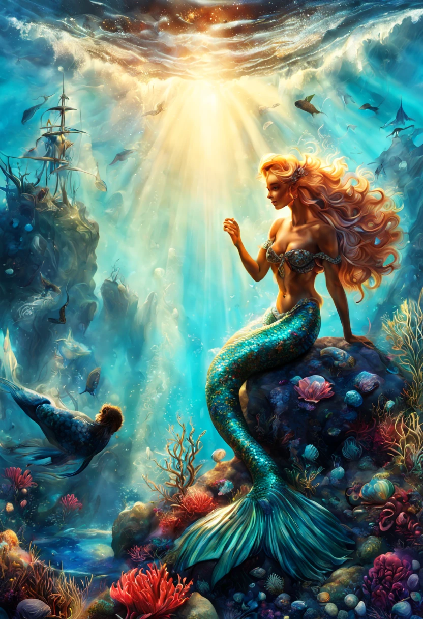 (highres:1.2), detailed mermaid with shimmering scales, sitting gracefully on a rugged rock, overlooking the vast expanse of the ocean, serene expression on her face. The water around her is crystal clear, with rays of sunlight streaming through, creating a magical underwater ambiance. Her sapphire-blue tail elegantly curls around the rock, adorned with intricate patterns and iridescent colors. The splashes of water droplets glisten in the sunlight, adding a dynamic touch to the scene. The surrounding marine life, such as colorful coral reefs, exotic fish, and gentle sea turtles, enhance the beauty of the underwater world. Soft rays of light penetrate the surface, casting a gentle glow on the mermaid's flowing, long golden hair. The entire composition is captured in a dreamlike, ethereal style, reminiscent of classic oil paintings. The color palette is vibrant and harmonious, with shades of turquoise, emerald green, and shimmering gold. The lighting is soft yet captivating, illuminating the mermaid's features and creating a serene atmosphere.