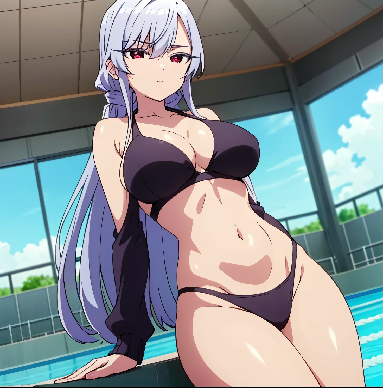 1girl,alone,Nano Eiai,very long hair,gray hair,bangs,hair between eyes,red eyes,expressionless, NanoEiaiyongyi, single braid, braided ponytail, long locks, collarbone, violet black bikini top, halter neck, cut out neckline, violet black bikini bottoms, bare shoulders, bare arms, big breasts, cleavage, navel, groin, bare legs , pool, outdoors, big breasts, medium waist, wide hips, medium thighs, hand on hip, ass visible through thighs, looking at the viewer,pov(from below),Exquisite images, high definition,masterpiece,best quality,Exquisite images,high definition,masterpiece,best quality,18 years old,Young woman,Beautiful fingers,Beautiful long legs,Beautiful body, beautiful character design, excellent anatomy, excellent hands