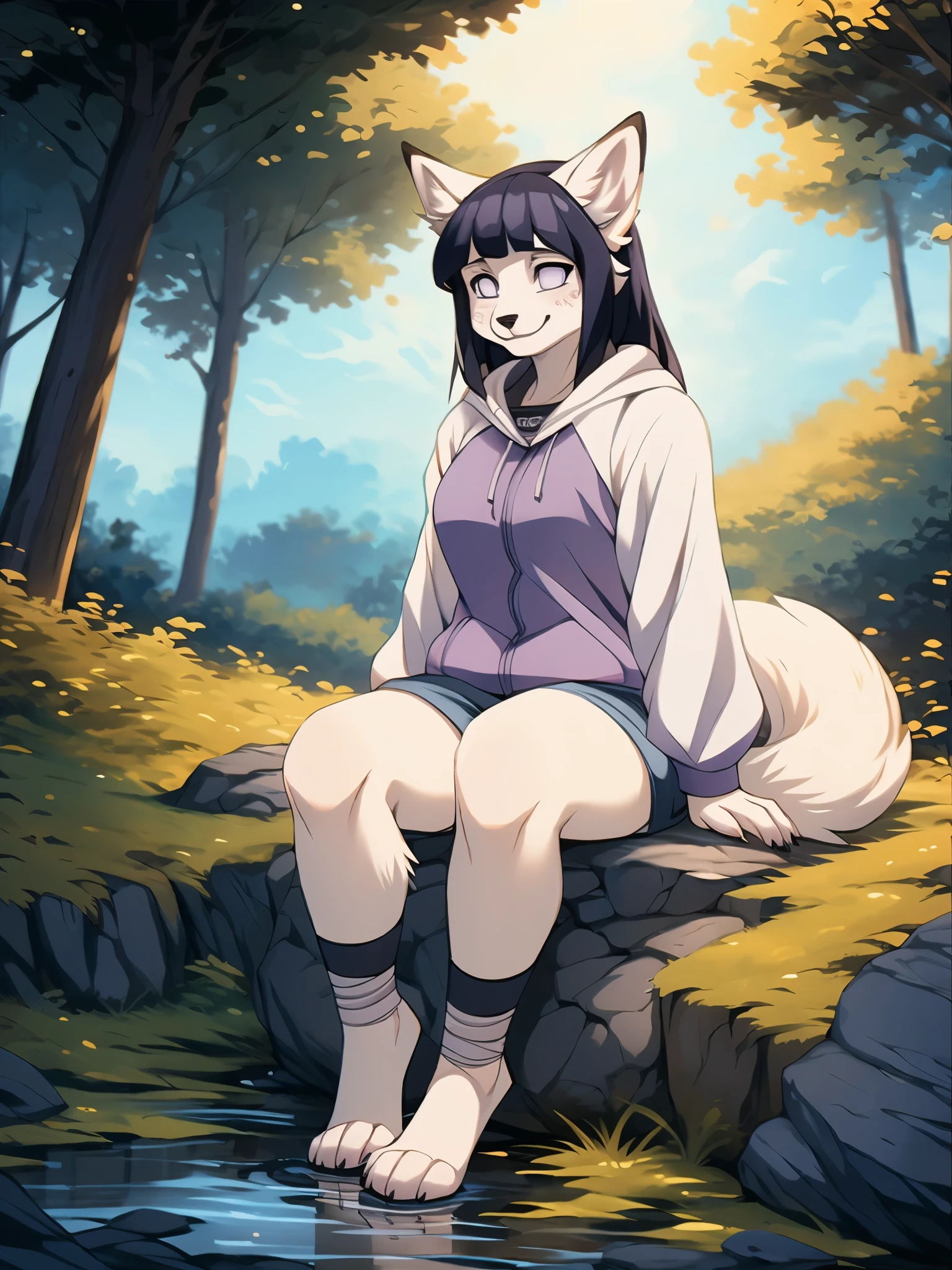 Hinata,  an anthropomorphic white fox girl, white fox ears, white fox tail, long purple hair, straight bangs,  blue short shorts, feet paws wrapped in bandages, purple and white hoodie, forest, sitting on a rock, masterpiece, best quality, detailed face, detailed eyes, shy smile, by hioshiru, by fumiko