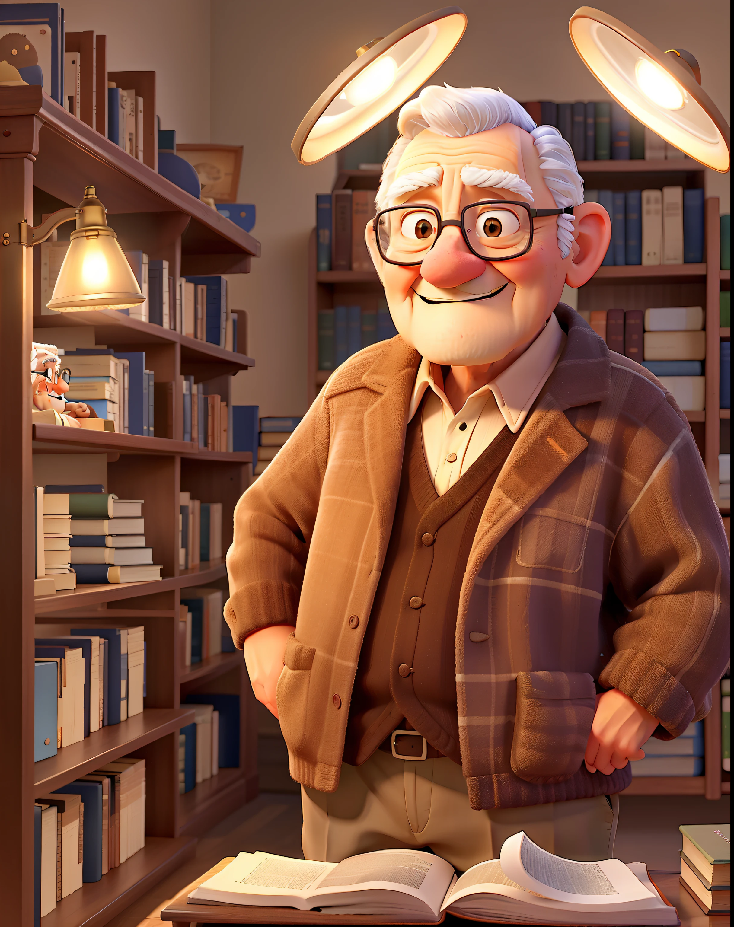 A wise old man standing in front, illuminated by the light of a lamp, tendo como pano de fundo uma biblioteca
