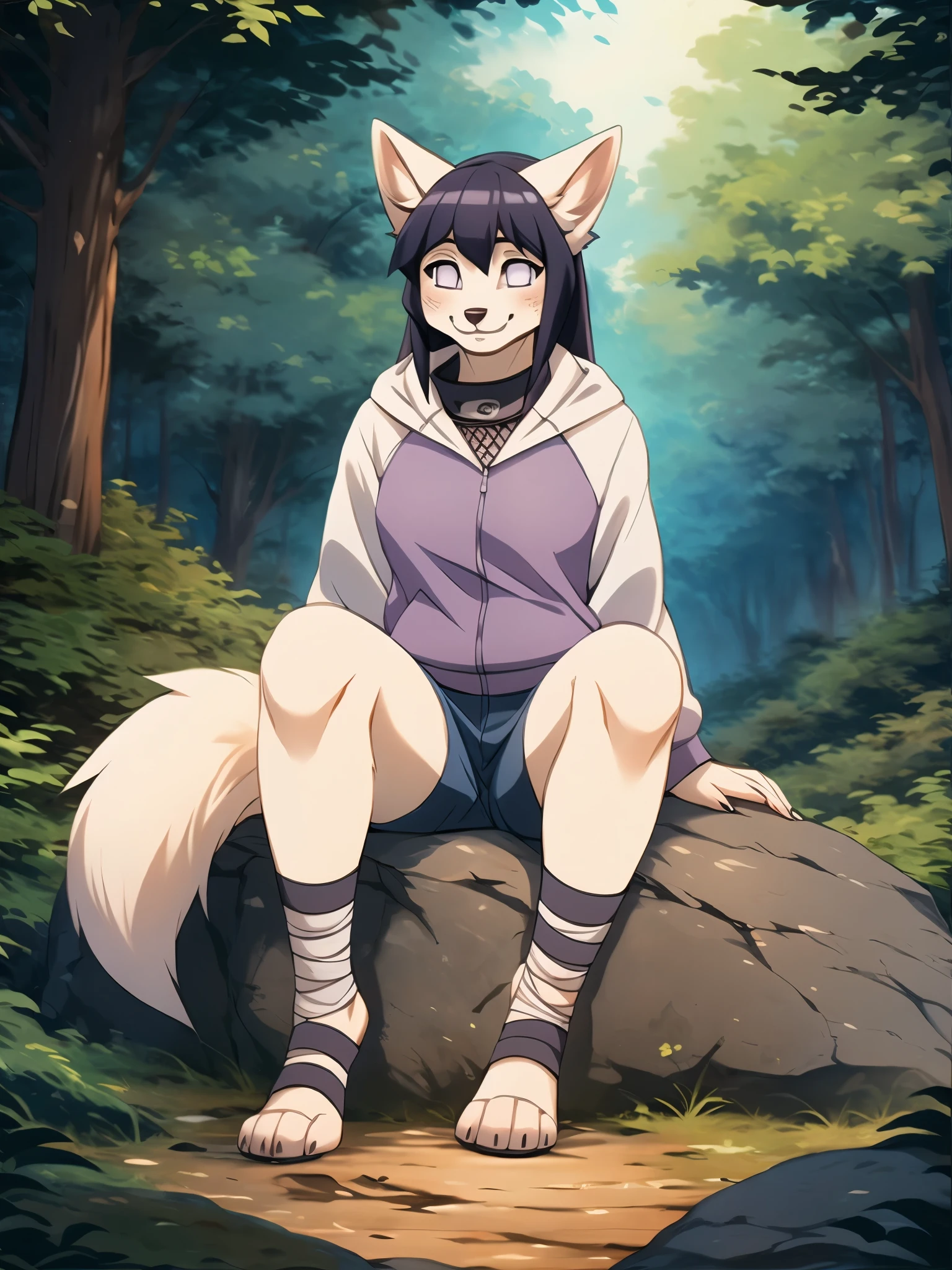 Hinata,  an anthropomorphic white fox girl, white fox ears, white fox tail, long purple hair, straight bangs,  blue short shorts, feet paws wrapped in bandages, 4 toes, feet covered in bandages, purple and white hoodie, forest, sitting on a rock, masterpiece, best quality, detailed face, detailed eyes, shy smile, by hioshiru, by fumiko