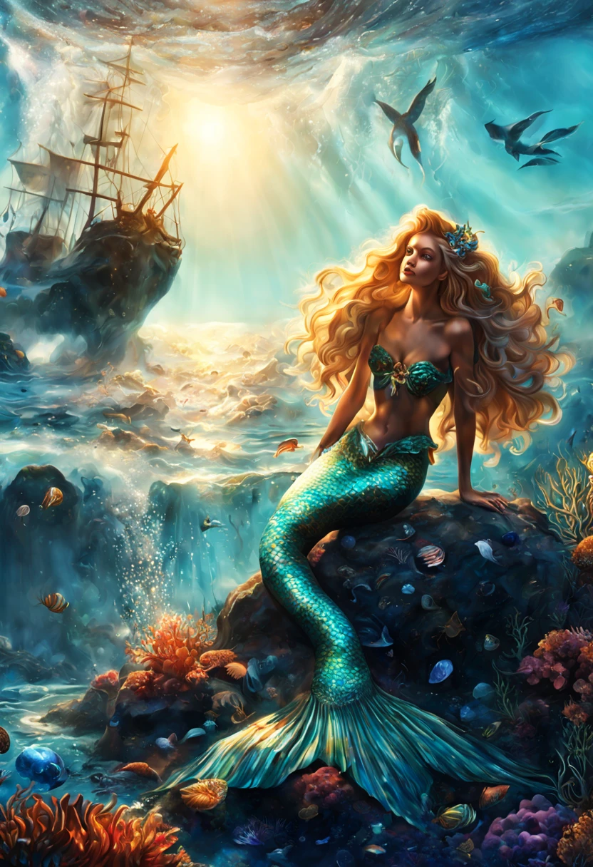 (highres:1.2), detailed mermaid with shimmering scales, sitting gracefully on a rugged rock, overlooking the vast expanse of the ocean, serene expression on her face. The water around her is crystal clear, with rays of sunlight streaming through, creating a magical underwater ambiance. Her sapphire-blue tail elegantly curls around the rock, adorned with intricate patterns and iridescent colors. The splashes of water droplets glisten in the sunlight, adding a dynamic touch to the scene. The surrounding marine life, such as colorful coral reefs, exotic fish, and gentle sea turtles, enhance the beauty of the underwater world. Soft rays of light penetrate the surface, casting a gentle glow on the mermaid's flowing, long golden hair. The entire composition is captured in a dreamlike, ethereal style, reminiscent of classic oil paintings. The color palette is vibrant and harmonious, with shades of turquoise, emerald green, and shimmering gold. The lighting is soft yet captivating, illuminating the mermaid's features and creating a serene atmosphere.