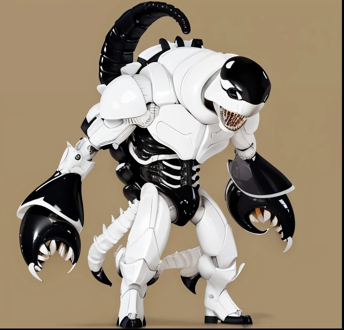 un primer plano de un monstruo blanco y negro, Orca macho, animal humanoide, Xenomorfo blanco, escorpion humanoide, 4 piernas piel blanca y aterradora