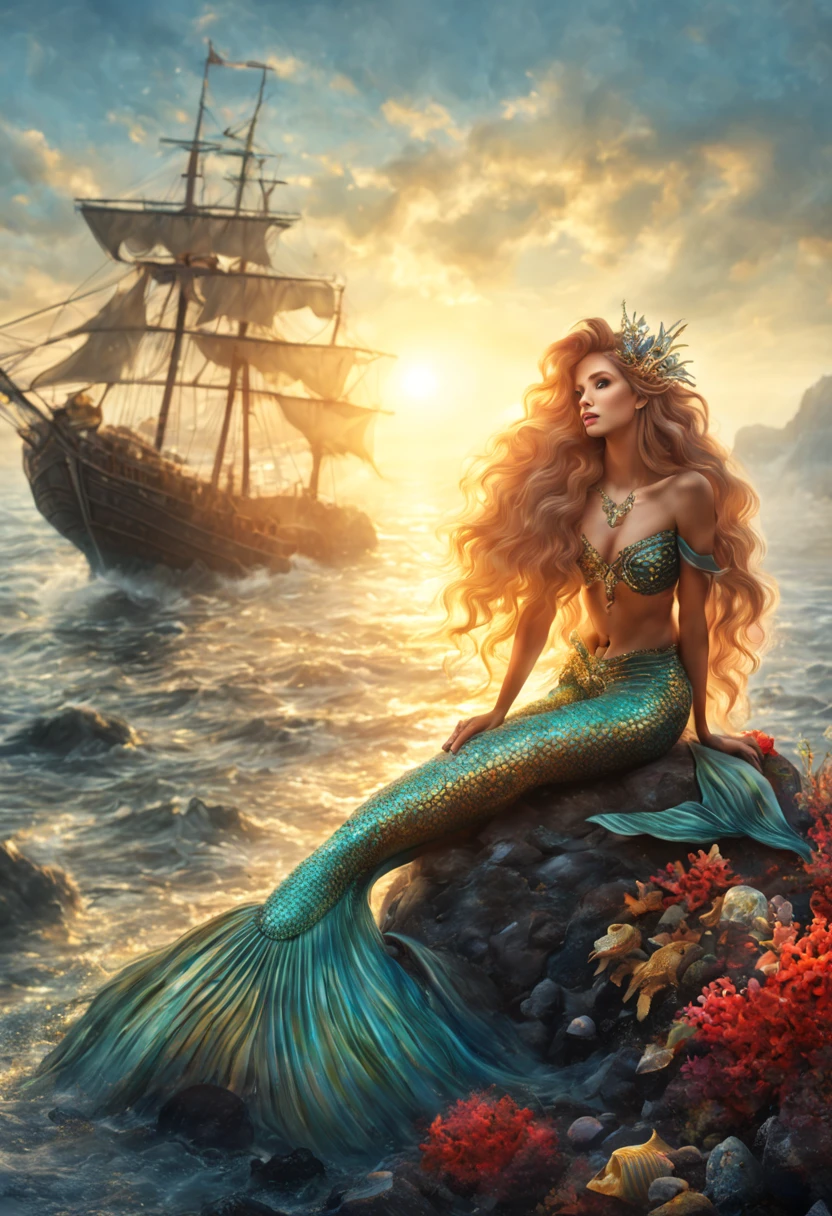 (highres:1.2), detailed mermaid with shimmering scales, sitting gracefully on a rugged rock, overlooking the vast expanse of the ocean, serene expression on her face. The water around her is crystal clear, with rays of sunlight streaming through, creating a magical underwater ambiance. Her sapphire-blue tail elegantly curls around the rock, adorned with intricate patterns and iridescent colors. The splashes of water droplets glisten in the sunlight, adding a dynamic touch to the scene. The surrounding marine life, such as colorful coral reefs, exotic fish, and gentle sea turtles, enhance the beauty of the underwater world. Soft rays of light penetrate the surface, casting a gentle glow on the mermaid's flowing, long golden hair. The entire composition is captured in a dreamlike, ethereal style, reminiscent of classic oil paintings. The color palette is vibrant and harmonious, with shades of turquoise, emerald green, and shimmering gold. The lighting is soft yet captivating, illuminating the mermaid's features and creating a serene atmosphere.