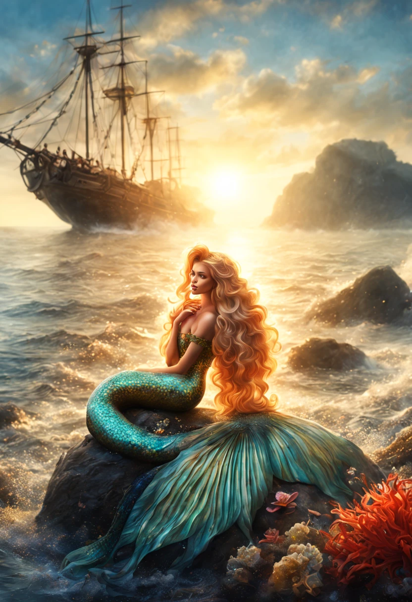 (highres:1.2), detailed mermaid with shimmering scales, sitting gracefully on a rugged rock, overlooking the vast expanse of the ocean, serene expression on her face. The water around her is crystal clear, with rays of sunlight streaming through, creating a magical underwater ambiance. Her sapphire-blue tail elegantly curls around the rock, adorned with intricate patterns and iridescent colors. The splashes of water droplets glisten in the sunlight, adding a dynamic touch to the scene. The surrounding marine life, such as colorful coral reefs, exotic fish, and gentle sea turtles, enhance the beauty of the underwater world. Soft rays of light penetrate the surface, casting a gentle glow on the mermaid's flowing, long golden hair. The entire composition is captured in a dreamlike, ethereal style, reminiscent of classic oil paintings. The color palette is vibrant and harmonious, with shades of turquoise, emerald green, and shimmering gold. The lighting is soft yet captivating, illuminating the mermaid's features and creating a serene atmosphere.