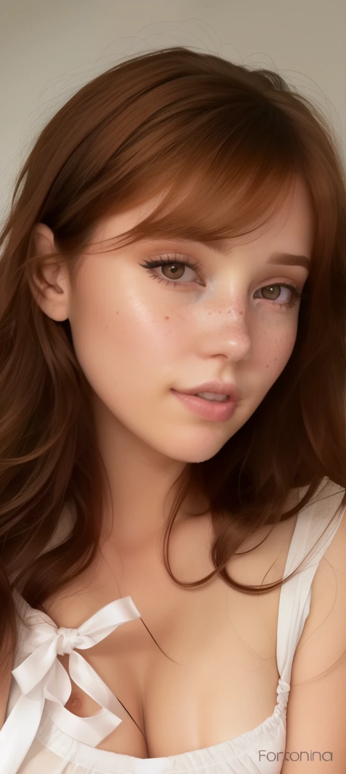 a close up of a woman with a white shirt and red hair, portrait sophie mudd, brown hair and large eyes, light freckles, photorealistic beautiful face, very light freckles, light cute freckles, pokimane, lovely delicate face, freckled pale skin, perfect natural skin tones, high quality portrait, beautiful delicate face, soft freckles, beautiful fine face features