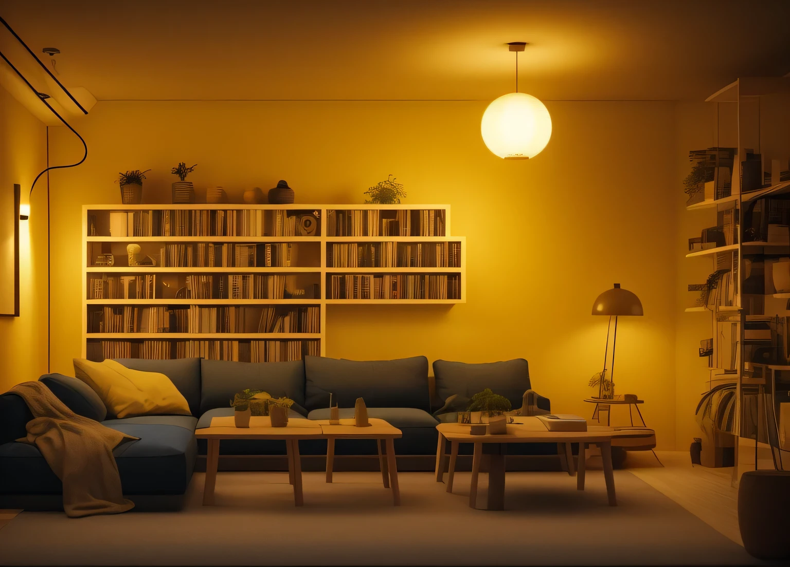 Generate a hyper realistic Indoor house wall.  It has a floating shelf with books and modern decoration yellow lights. It is lighted by dim blue lights and there is a RGB light coming out from the ground. Retro style. It also has a few artistic paintings hanging on the wall.