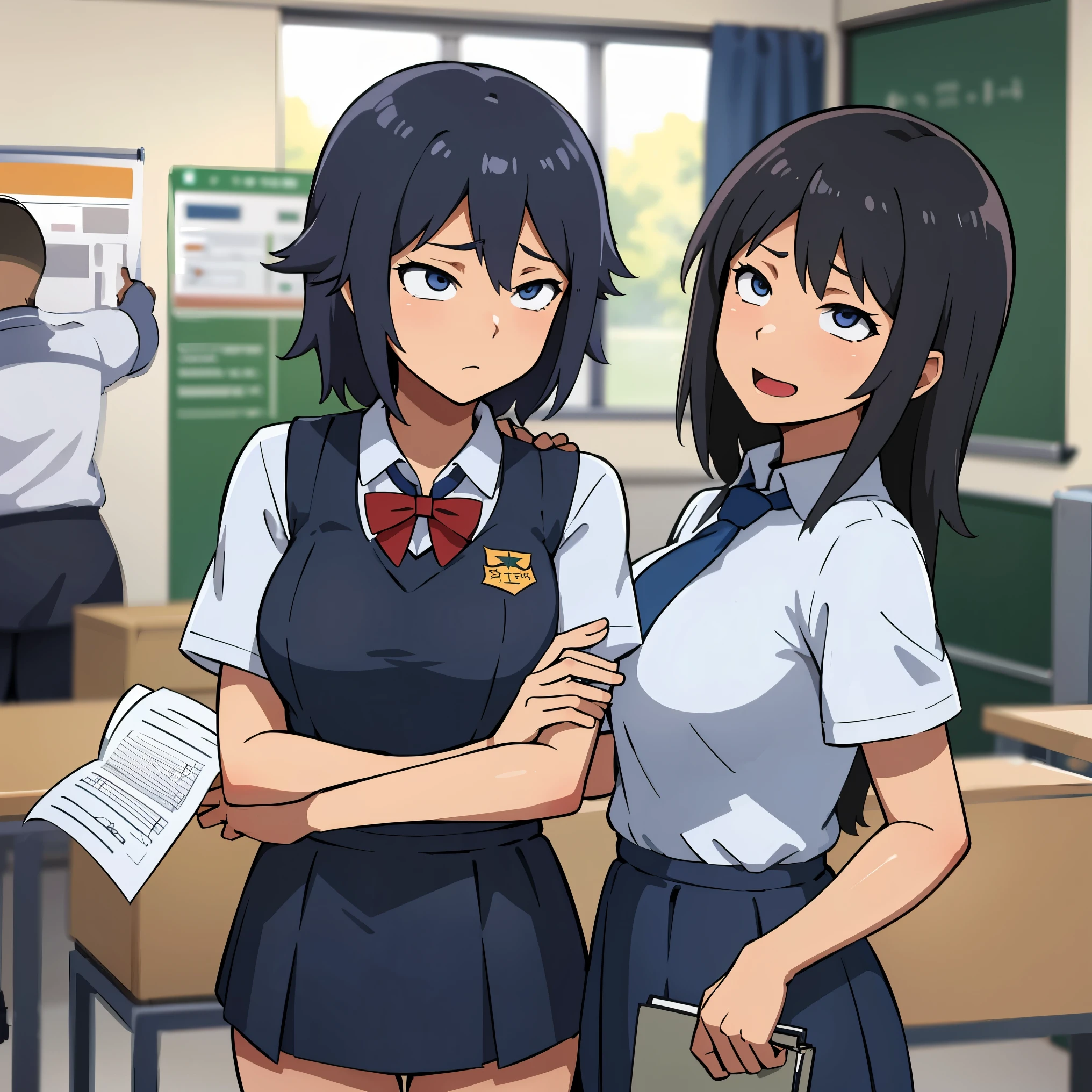 ((masutepiece)), VERY classroom interior detailed scenario, VERY crowded classroom detailed background, Insanely hot standing (woman 1) Use something sexy ((School uniform)), （Gray hair color Short hair）、（Indigo eyeole under the mouth）,（Big breasts）、 (Big ass), (thick thigths), (fear expression), blushed face,woman grabbing woman 1 from behind,(((woman pressing her chest on woman 1 back))) And (((woman holding her waist behind her))), panties that are floral and pink panties,grabbing another’s breast,sex