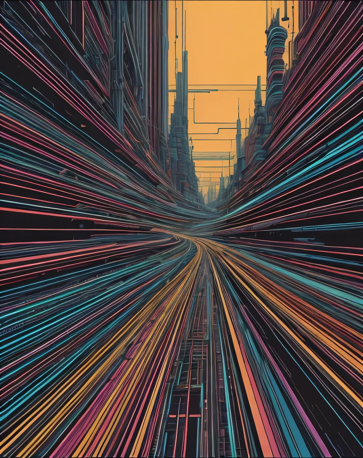 a close up of a train track with a city in the background, kilian eng vibrant colors, kilian eng vibrant colours, colorful dystopian futurism, greg rutkowski futurism, intricate futurism, inspired by Kilian Eng, futuristic street, futurism aesthetic, futuristic city street, 4k solarpunk wallpaper, mind-bending digital art, inspired by Mike Winkelmann