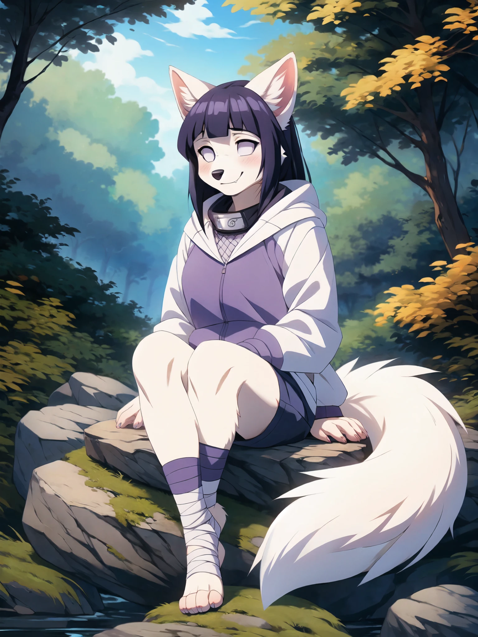 Hinata,  an anthropomorphic white fox girl, white fox ears, white fox tail, long purple hair, straight bangs,  blue short shorts, feet paws wrapped in bandages, 4 toes, feet covered in bandages, purple and white hoodie, forest, sitting on a rock, masterpiece, best quality, detailed face, detailed eyes, shy smile, by hioshiru, by fumiko