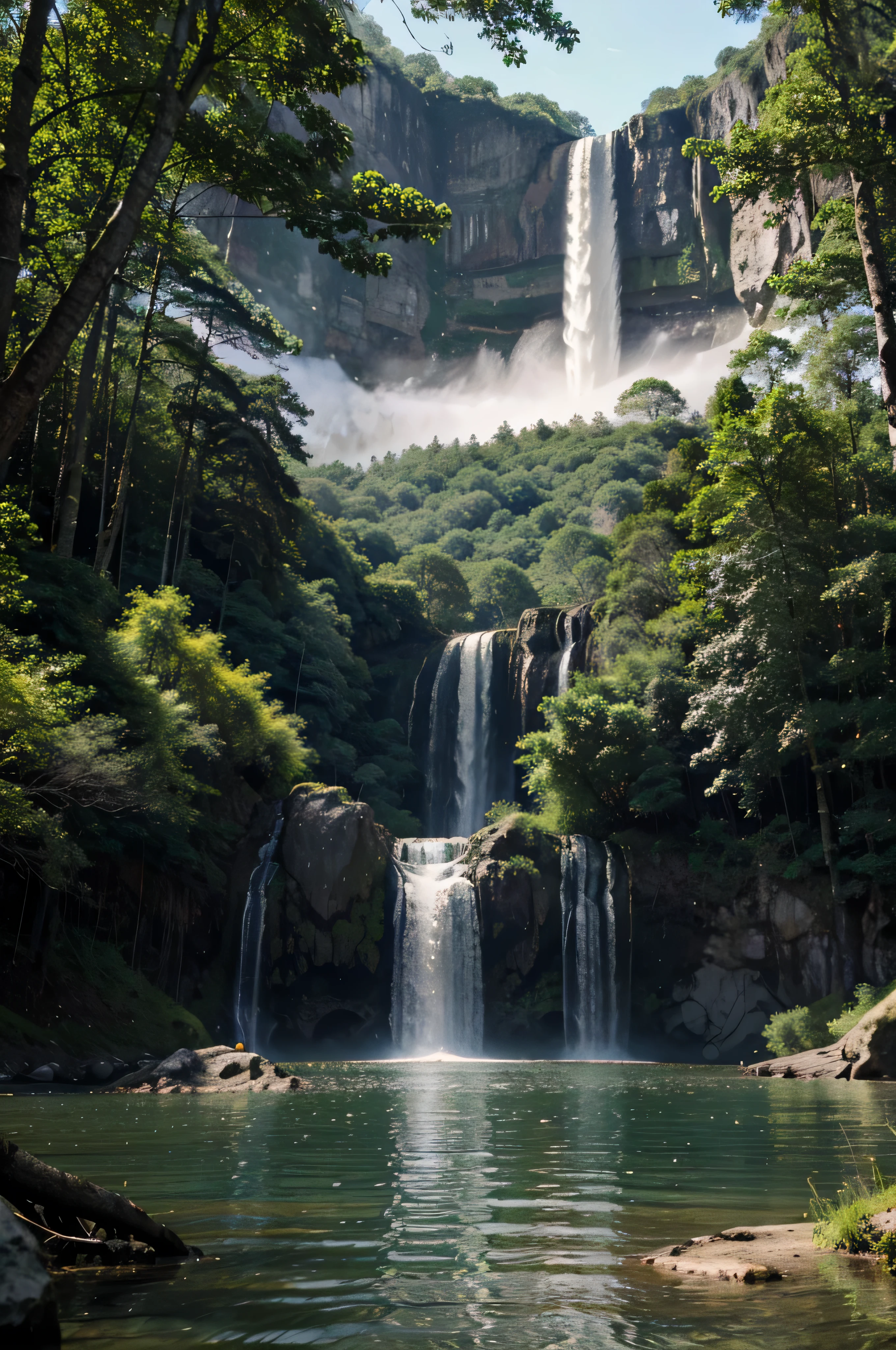 Island in lake with waterfall and forest