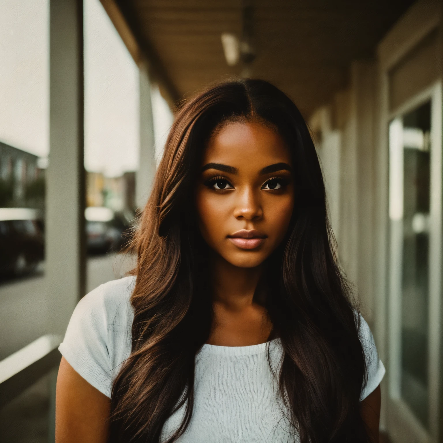 lightskinned woman with dark brown long hair, deep photo, raw photo, film grain, professional photo, vintage instagram LUT