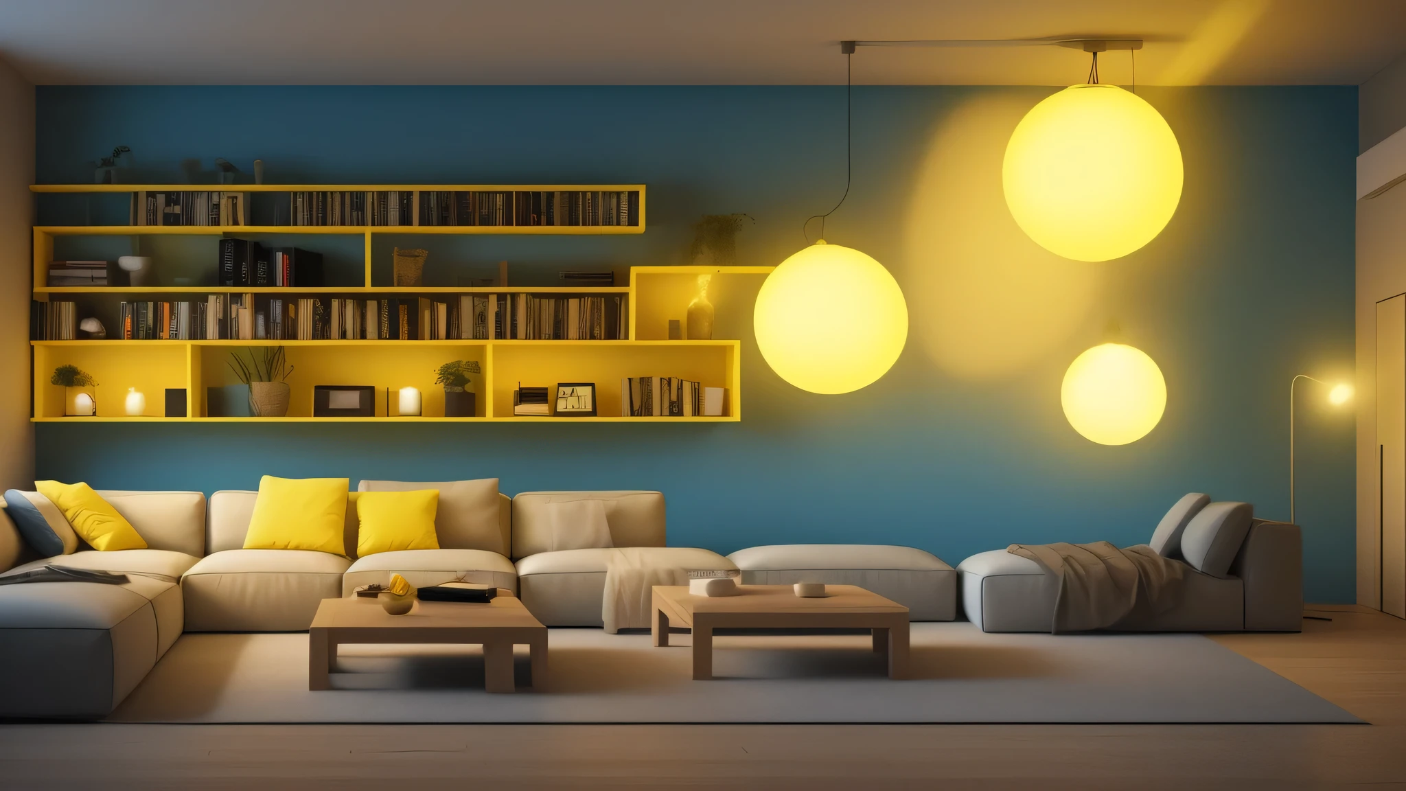 Generate a hyper realistic Indoor house wall. It has a floating shelf with books and modern decoration yellow lights. It is lighted by dim blue lights and there is a blue RGB light coming out from the ground. Retro style. It also has a few artistic paintings hanging on the wall.