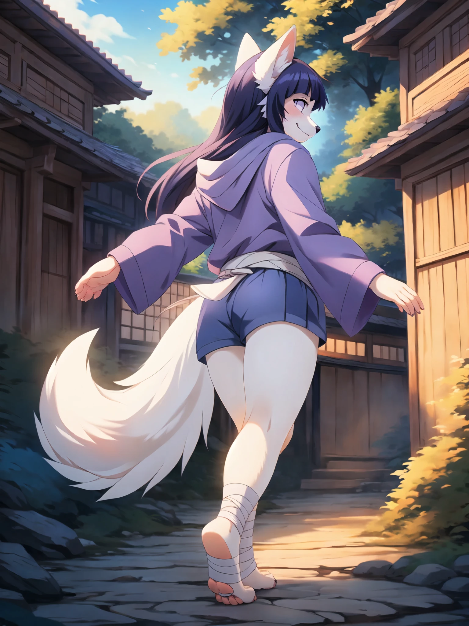 Hinata,  an anthropomorphic white fox girl, white fox ears, white fox tail, long purple hair, straight bangs,  blue short shorts, feet paws wrapped in bandages, 4 toes, feet covered in bandages, purple and white hoodie, walking in a Japanese ninja village, rear view, dancing, twirling, foot up, masterpiece, best quality, detailed face, detailed eyes, shy smile, by hioshiru, by fumiko