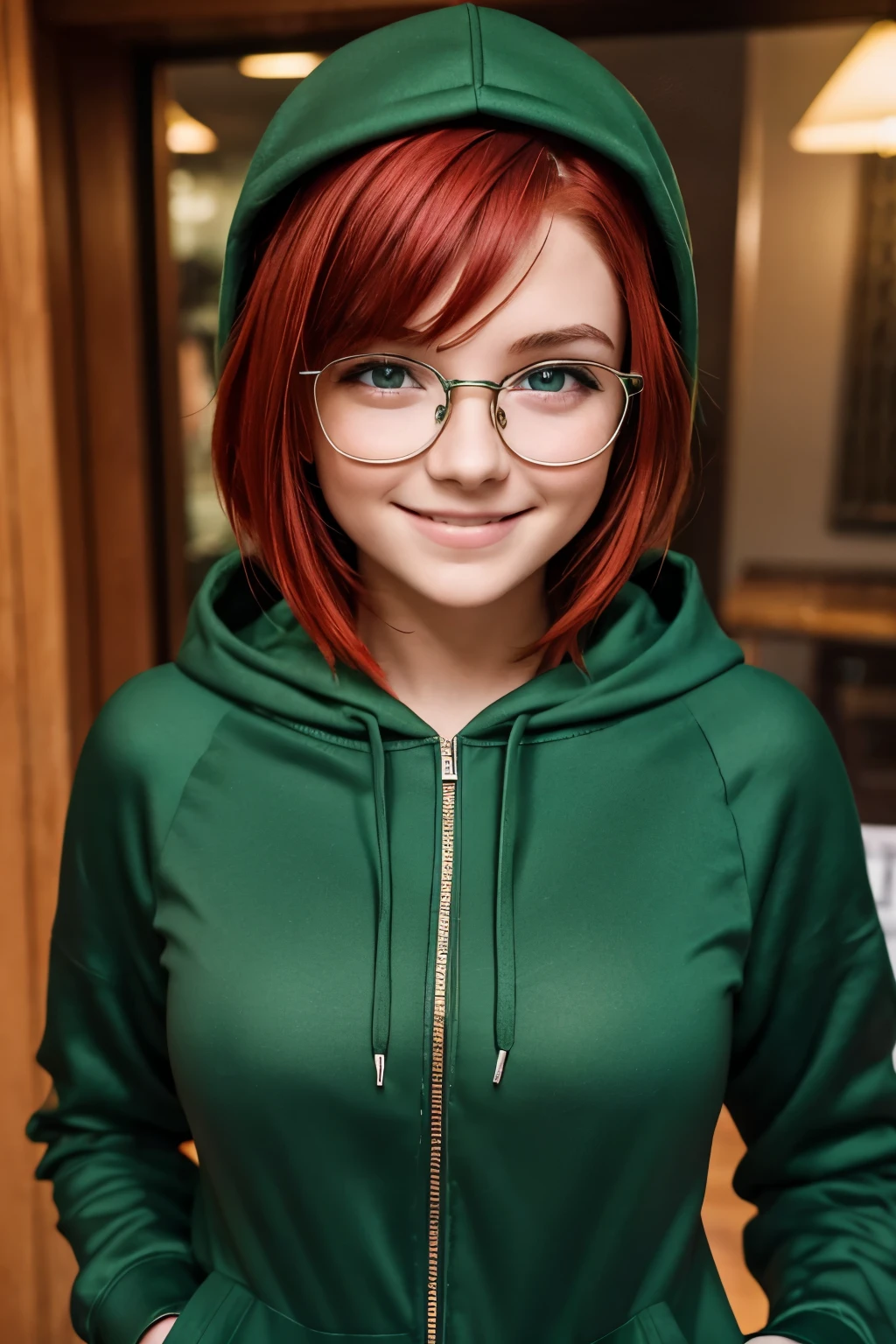 Short, Red hair, green eyes, Darling, smiling girl wearing metal-framed glasses, in a green sweatshirt with a zipper, with small breasts, with a hood on his head