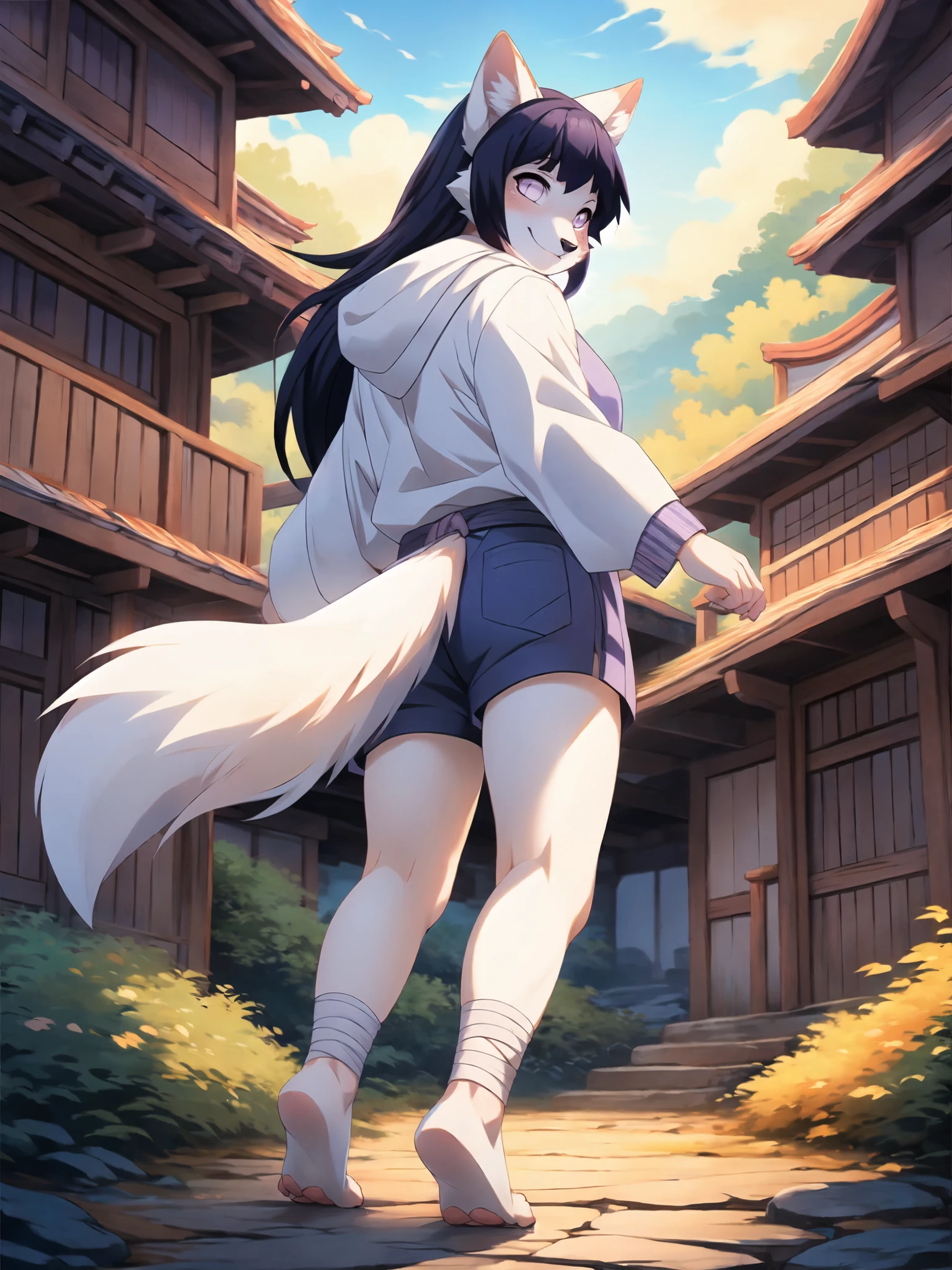 Hinata,  an anthropomorphic white fox girl, white fox ears, white fox tail, long purple hair, straight bangs,  blue short shorts, feet paws wrapped in bandages, 4 toes, feet covered in bandages, white hoodie, walking in a Japanese ninja village, rear view, dancing, twirling, foot up, masterpiece, best quality, detailed face, detailed eyes, shy smile, by hioshiru, by fumiko