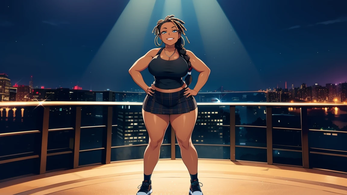 4K Quality, outside of manstion, big smile, hands on hips, grinning, sexy pose, long black plaid skirts, standing up, black and red braids, dark skinned, thick thighs, big breasted, big ass, bottom heavy, looking at viewer, braided hair, amber eyes, night time, bedroom eyes, full body, city background, perfect face, perfect body, perfect eyes, full lips, hoop earrings, light particles, vibrant background,