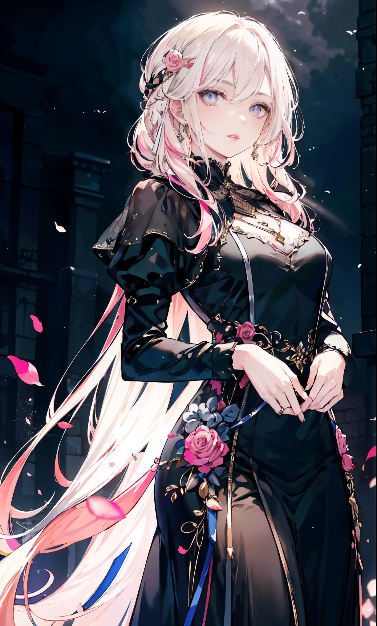 detailed depiction of the face,1 Lady,mature woman,Black Dress Long Dress,(pink white long hair),(dark night background+),prom,regalia, That's a perfect face, perfect hands, perfect fingers, perfect lips, perfect eyes, perfect background