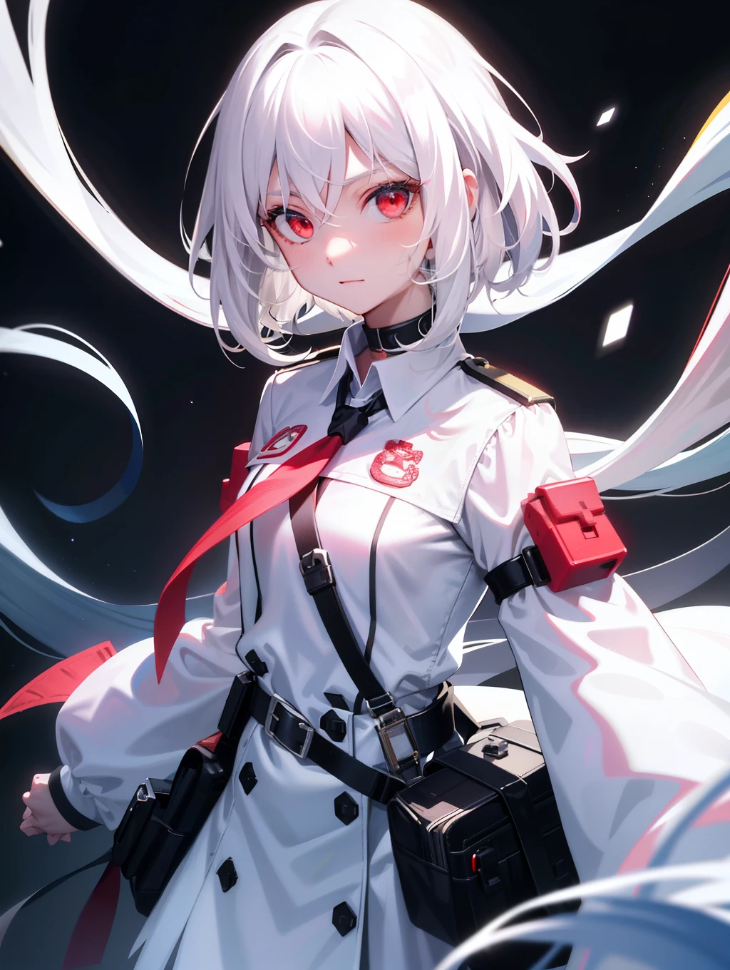 white hair,teenage girl,secondary elements,kindness,adorable,red eyes