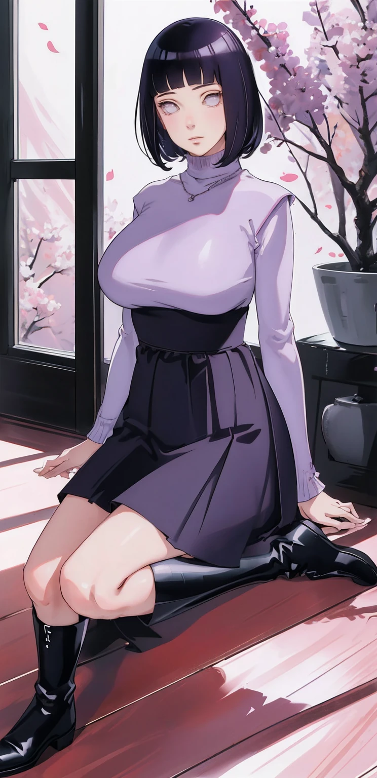 { - anatomy error} (Masterpiece - Ultra-detailed, very high resolution) (huge titusty, masterpiece, absurdres, hinata\(boruto\), 1girl, solo,mature female, lilac turtleneck blouse, high waist black long skirt, looking at viewelling petals), perfect composition, detailed lips, big breast, beautiful face, body propotion, blush, (pink lips), short hair, (black hair), purple eyes, soft gaze, super realistic, detailed, photoshoot, realistic face and body, closed mouth , lilac eyes, full body, sitting on the floor , back boots, hidden hands, perfect fingers, inocent face