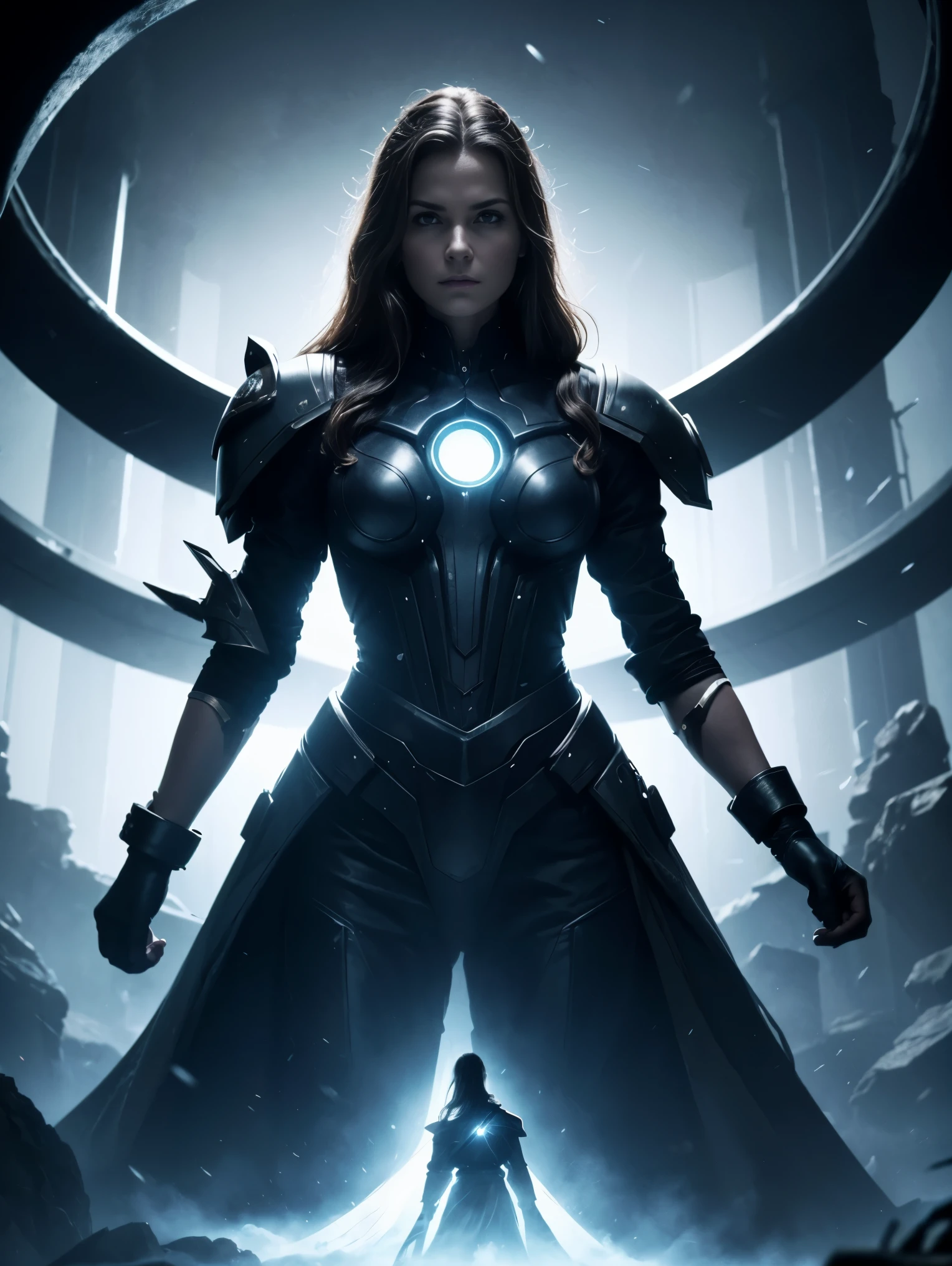 photo, portrait, intimidating Woman floating [a discovery of a wormhole leads to new worlds|a cursed prince must marry a monster], [scifi:fantasy:0.6] cinematic Lighting
