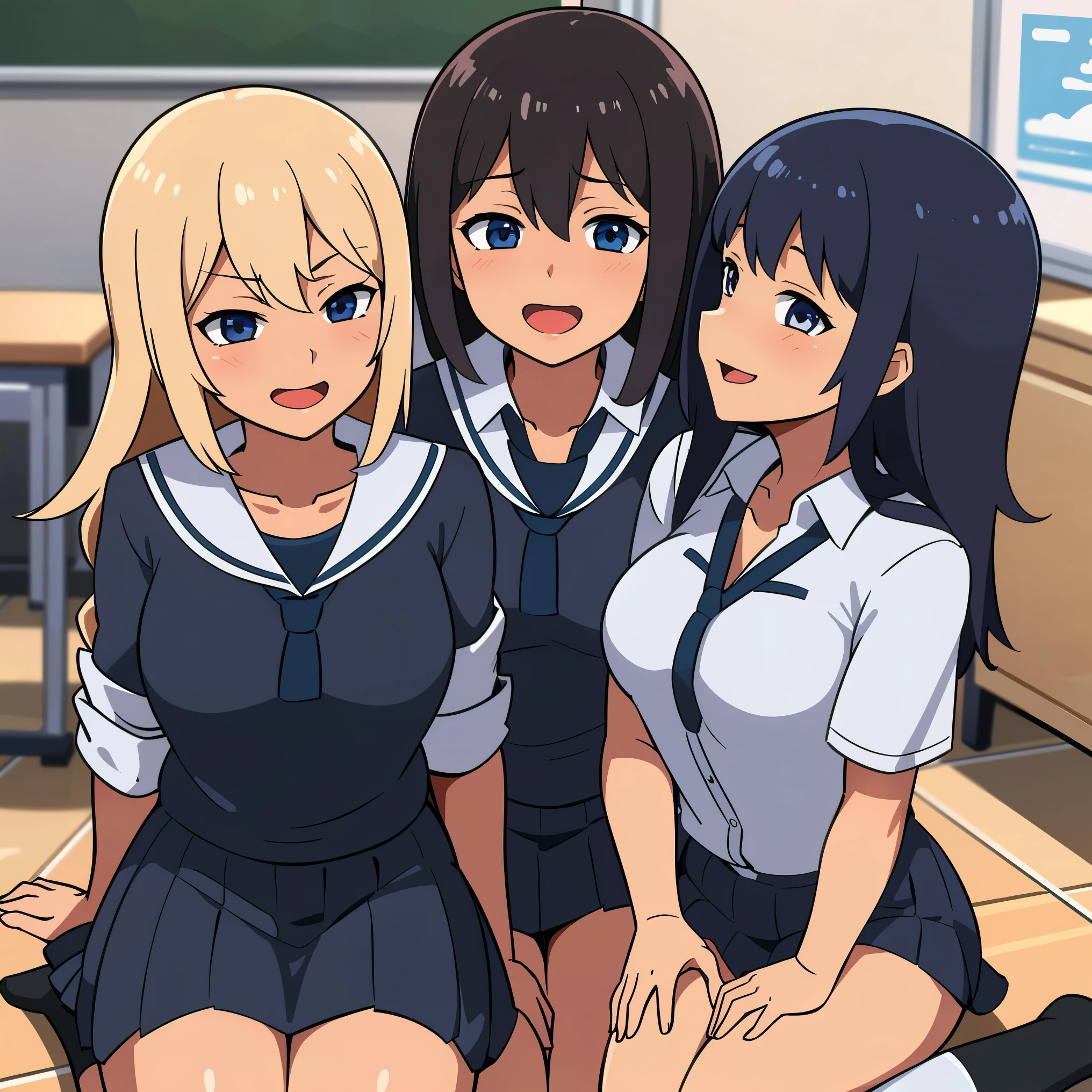 Obra maestra la mejor calidad, Anime illustration of a group of college anime girls in school uniforms who are in a classroom and they are all smiling in a perverted way and lying on the floor 