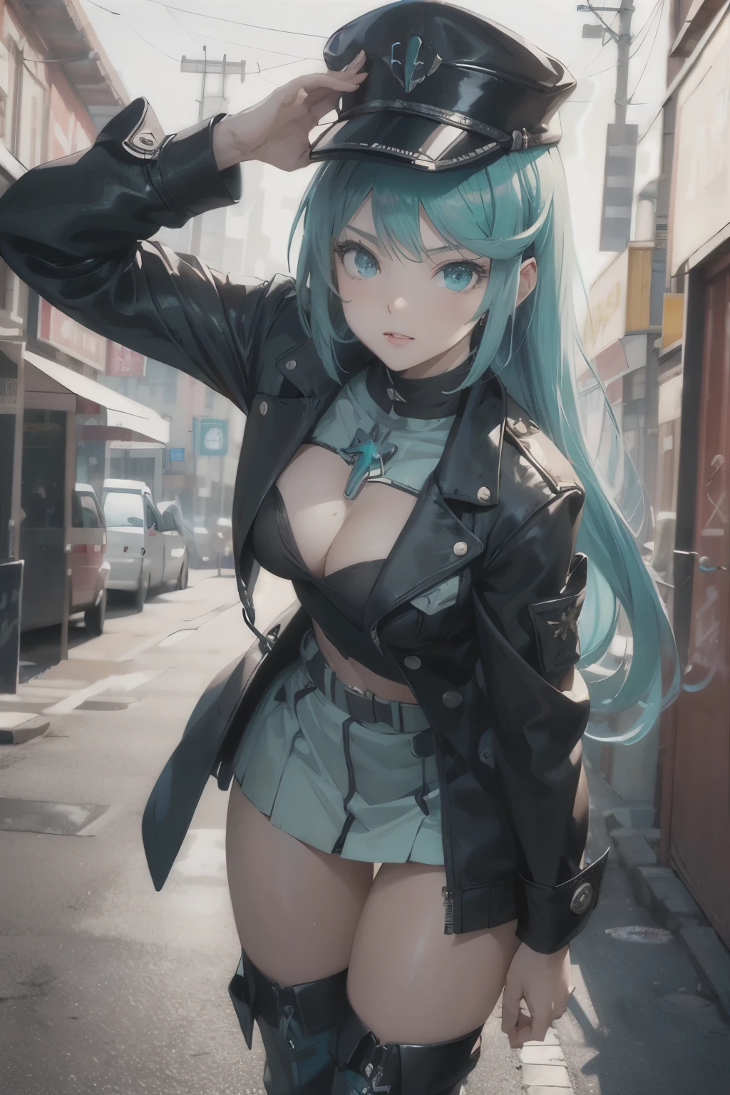 Anime, Girl, (((1girl))), (((Waifu, Xenoblade Chronicles 2, Pneuma Waifu))), Techwear, (((Seafoam Green Hair, Long Hair))), ((Seafoam Green Eyes eyes:1.3, Upturned Eyes: 1, Perfect Eyes, Beautiful Detailed Eyes, Gradient eyes: 1, Finely Detailed Beautiful Eyes: 1, Symmetrical Eyes: 1, Big Highlight On Eyes: 1.2)), (((Lustrous Skin: 1.5, Bright Skin: 1.5, Skin Fair, Shiny Skin, Very Shiny Skin, Shiny Body, Plastic Glitter Skin, Exaggerated Shiny Skin, Illuminated Skin))), (Detailed Body, (Detailed Face)), Young, Idol Pose, (Best Quality), (((Military Uniform, Miliraty Cap, Military Coat, Thigh-high Heeled Boots))), High Resolution, Sharp Focus, Ultra Detailed, Extremely Detailed, Extremely High Quality Artwork, (Realistic, Photorealistic: 1.37), 8k_Wallpaper, (Extremely Detailed CG 8k), (Very Fine 8K CG), ((Hyper Super Ultra Detailed Perfect Piece)), (((Flawlessmasterpiece))), Illustration, Vibrant Colors, (Intricate), High Contrast, Selective Lighting, Double Exposure, HDR (High Dynamic Range), Post-processing, Background Blur