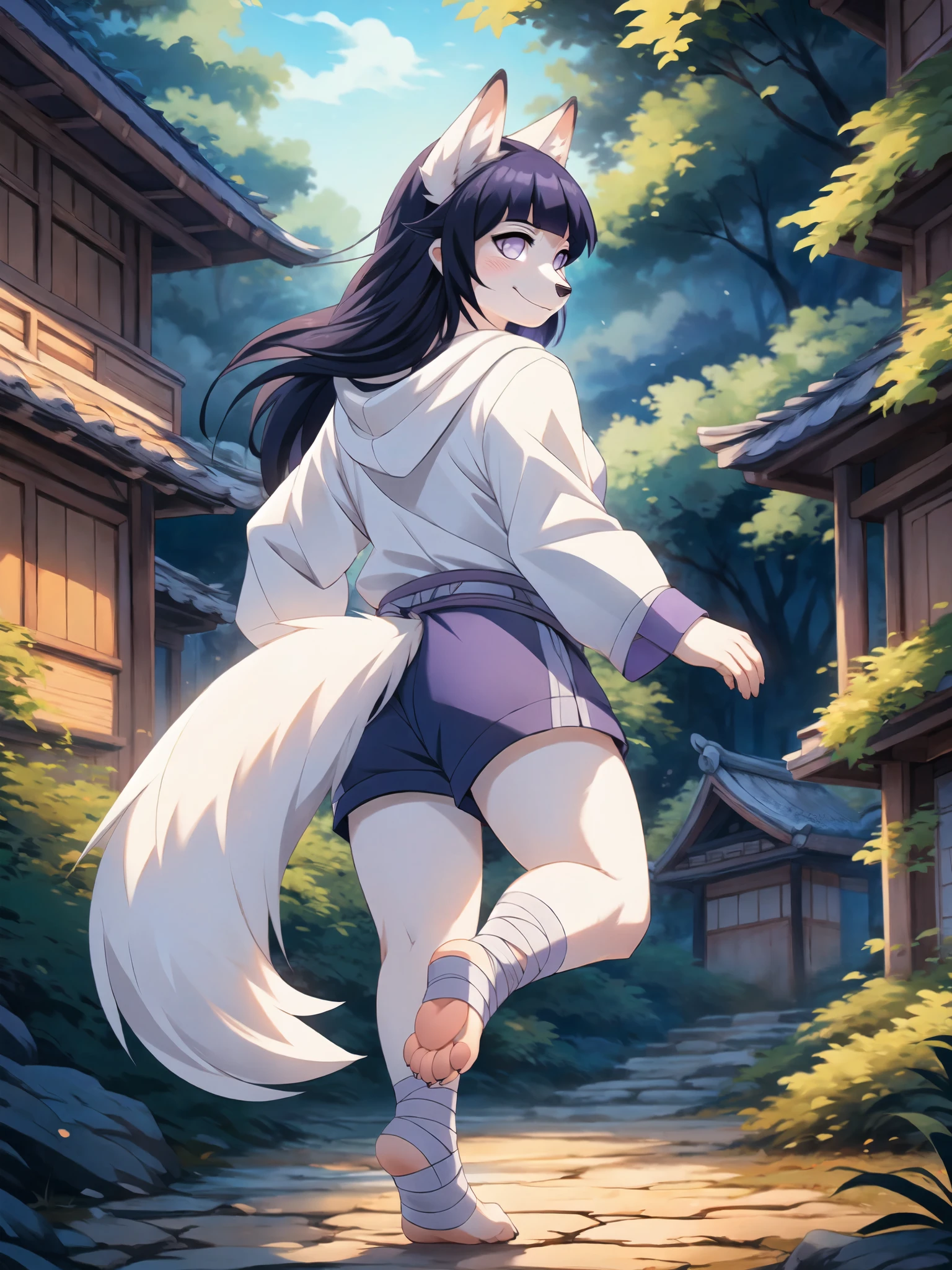 Hinata,  an anthropomorphic white fox girl, white fox ears, white fox tail, long purple hair, straight bangs,  blue short shorts, feet paws wrapped in bandages, 4 toes, feet covered in bandages, white hoodie, walking in a Japanese ninja village, rear view, dancing, twirling, foot up, masterpiece, best quality, detailed face, detailed eyes, shy smile, by hioshiru, by fumiko