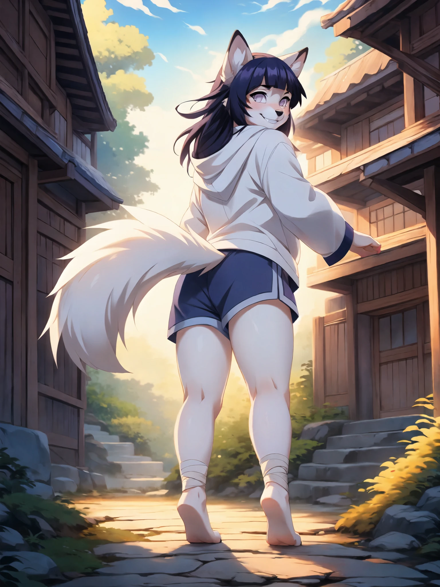 Hinata, an anthropomorphic white fox girl, white fox ears, white fox tail, long purple hair, straight bangs, blue short shorts, feet paws wrapped in bandages, 4 toes, feet covered in bandages, white hoodie, walking in a Japanese ninja village, rear view, dancing, twirling, foot up, masterpiece, best quality, detailed face, detailed eyes, shy smile, by hioshiru, by fumiko