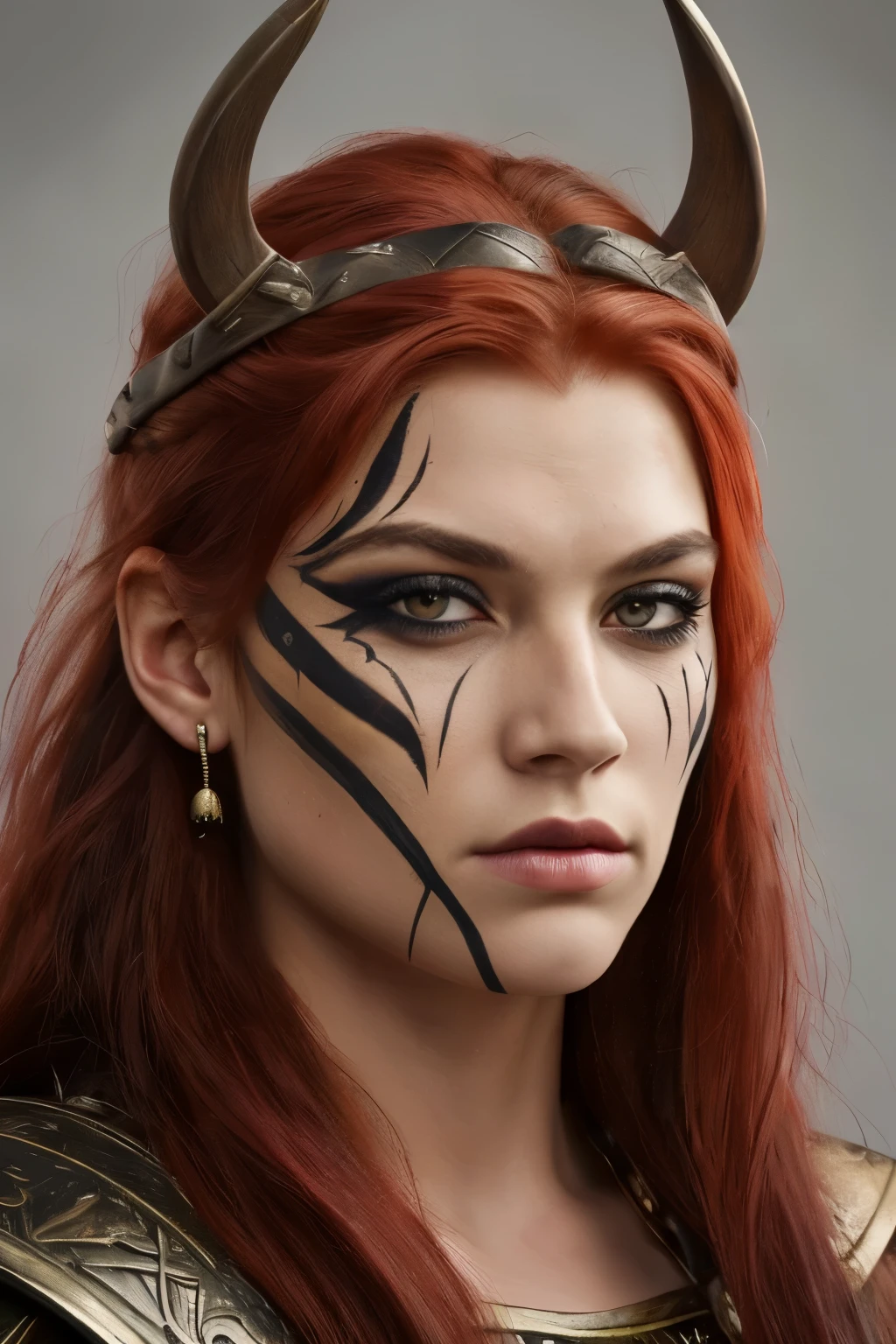 Portrait of a female Viking warrior with war paint intricately adorning her powerful face, long, fiery red hair cascading down her back, grasping her battle axe firmly in one hand and shield in the other, bestowed with ((best quality)) and ((masterpiece)) status. Her face, ((detailed))ly rendered, boasts perfect features, prominent cheekbones, and piercing eyes filled with fierce determination. Her war paint adds an extra layer of allure and strength to her already imposing presence, making this portrait a must-have for every art connoisseur.