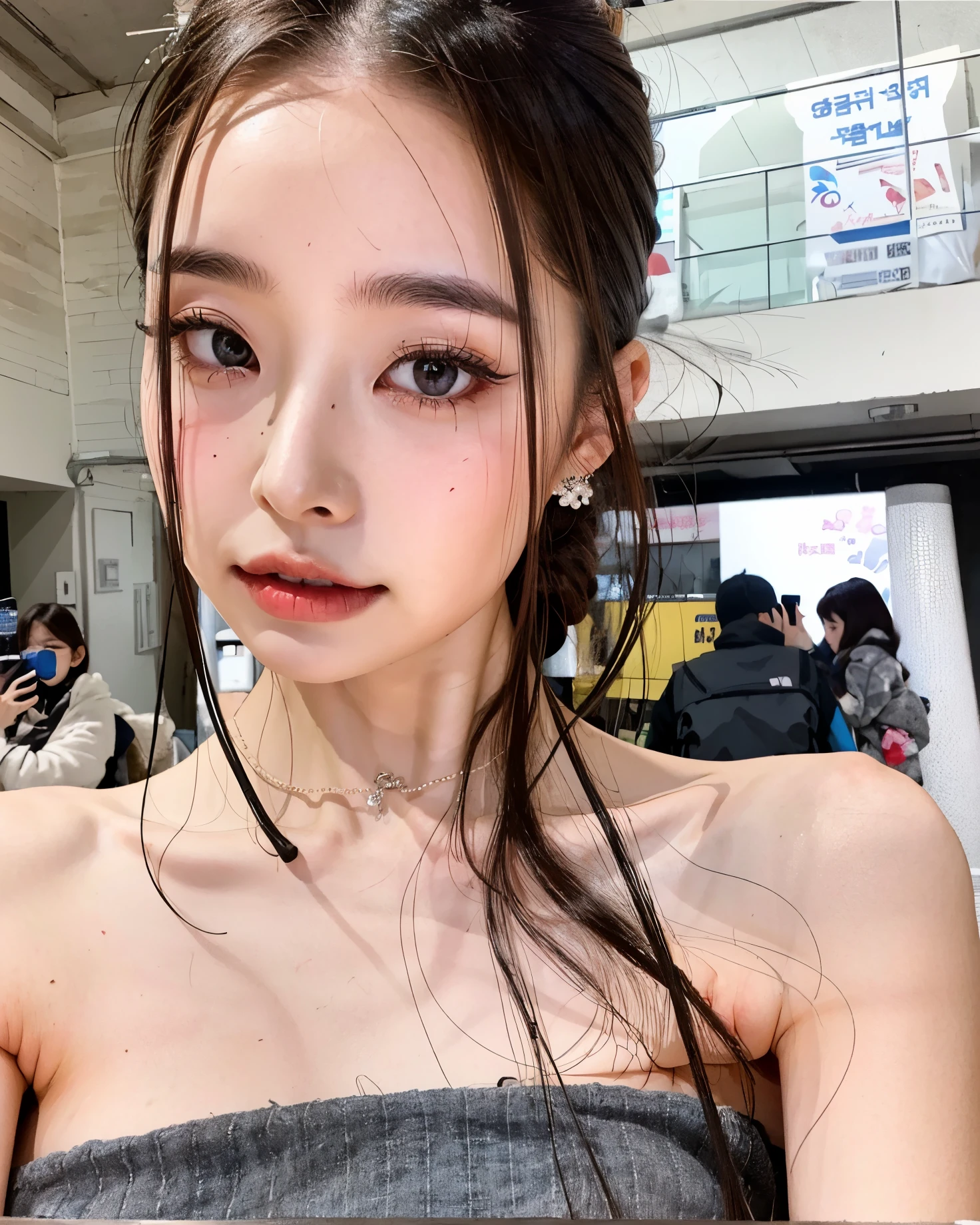 there is a woman with red lipstick and a gray dress, dilraba dilmurat, ulzzang, muchacha coreana, hermoso rostro estetico, hermosa mujer surcoreana, chica linda-cara-fina, hermosa joven coreana, maquillaje popular de corea del sur, hermosa cara de chicas japonesas, rasgos de la cara coreana, maquillaje coreano popular, hermosa joven coreana, senos enormes, tetas grandes, pechos enormes, tetas grandes, long cabello rubio 