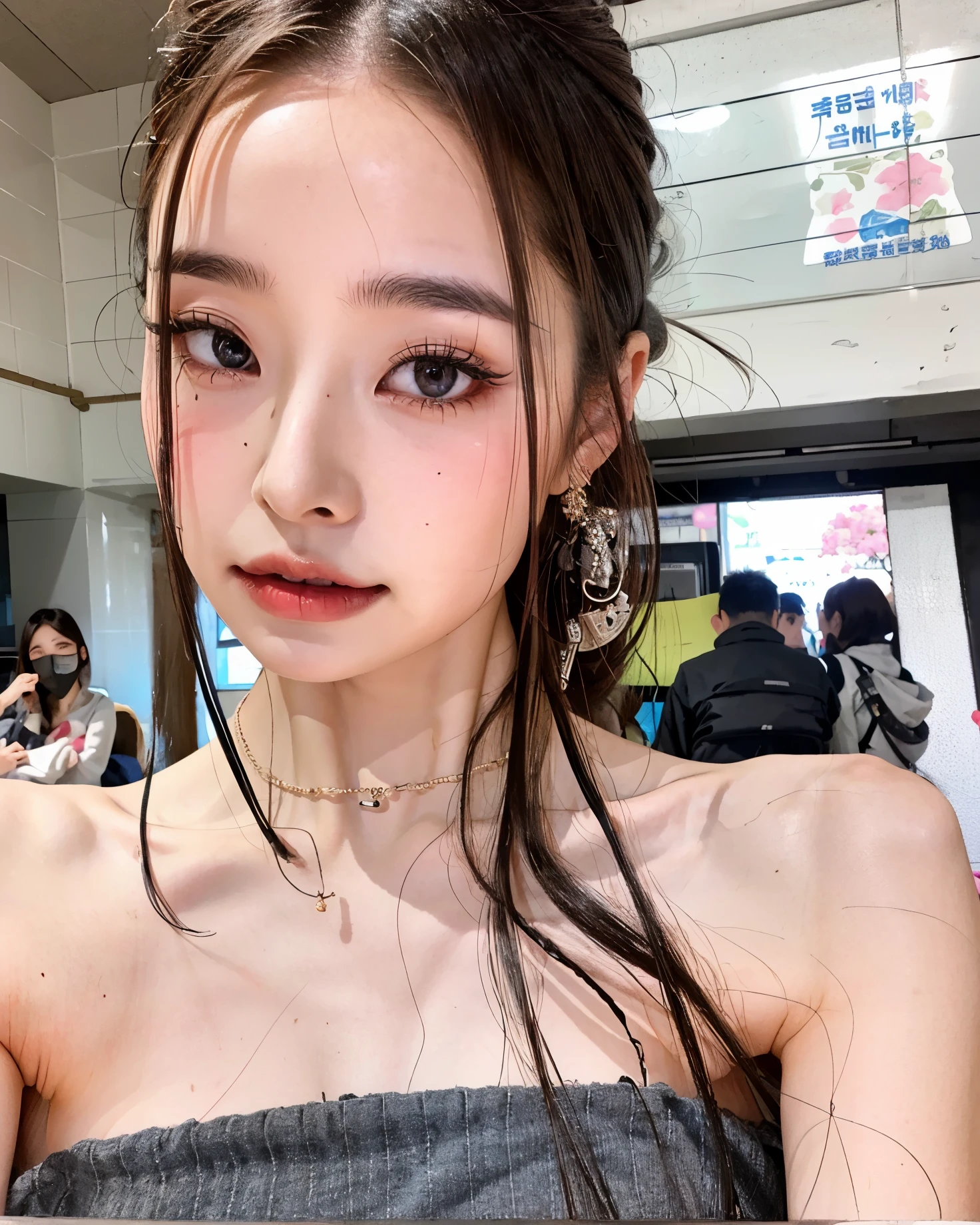 there is a woman with red lipstick and a gray dress, dilraba dilmurat, ulzzang, muchacha coreana, hermoso rostro estetico, hermosa mujer surcoreana, chica linda-cara-fina, hermosa joven coreana, maquillaje popular de corea del sur, hermosa cara de chicas japonesas, rasgos de la cara coreana, maquillaje coreano popular, hermosa joven coreana, senos enormes, tetas grandes, pechos enormes, tetas grandes, long cabello rubio 