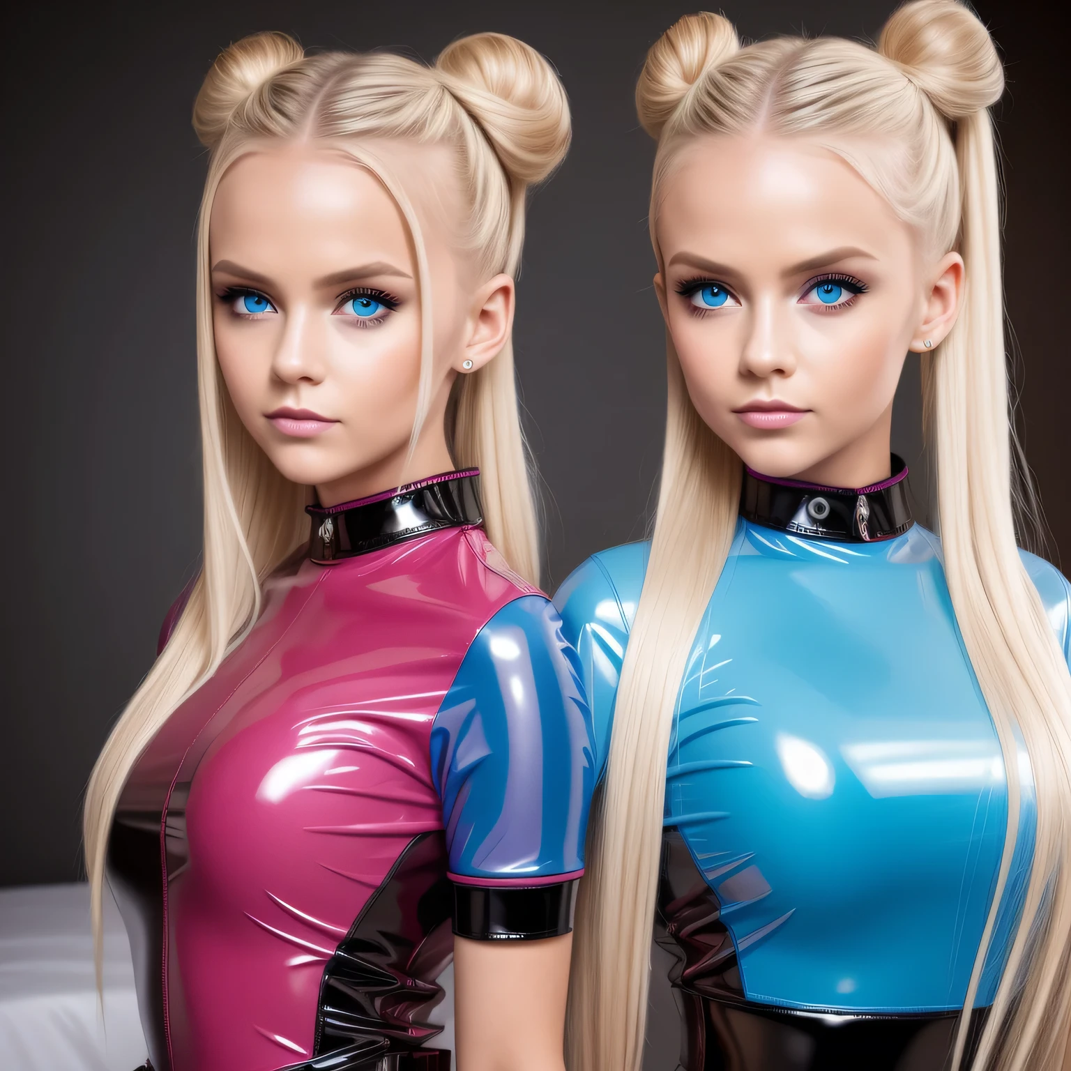 sexy twin girls,blondes Haar,Space Buns,rosa Latexbluse, Latex blouse buttoned up, Latex Bluse detailliert, light-blue Latex, pink latex, Red Shiny Lacquer PVC Shoes,Perfektes Gesicht,Detaillierte Augen,Detaillierte Lippen,Detailed hands,lange Wimpern,vollbusig,niedlich,portrait,hight resolution,realistisch,Studiobeleuchtung,Lebendige Farben,masterpiece,award-winning-photo, ultra detailliert,
