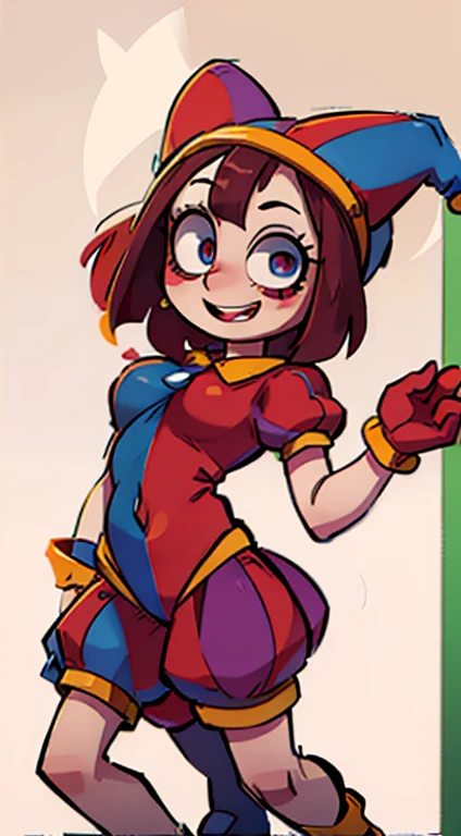 make a jester,pomni,detailed eyes,happy,