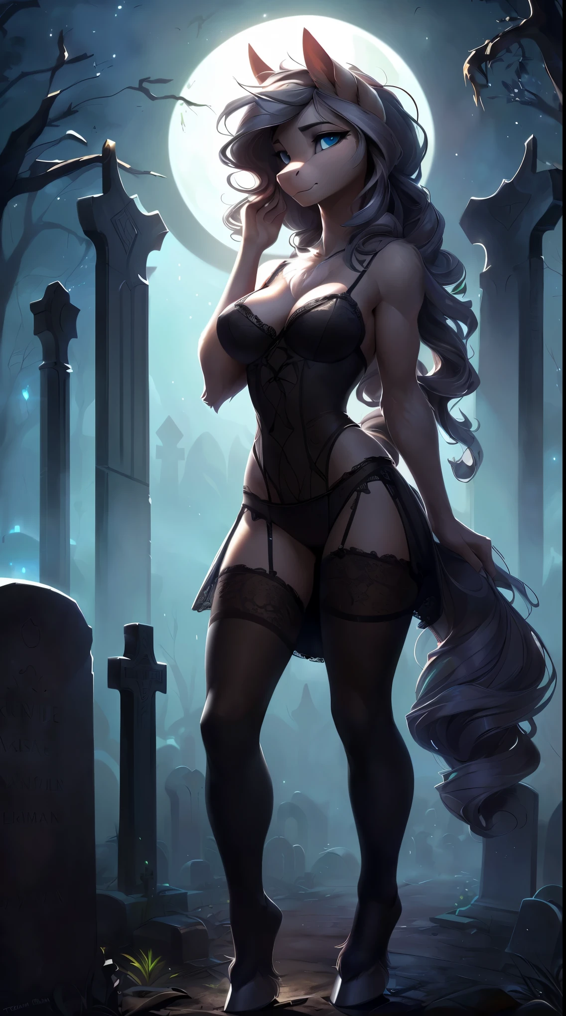 uploaded on e621, by Bayard Wu, by Thomas Benjamin Kennington, by Einshelm, solo anthro, ((Portrait)), ((Wear a decay lace dress)), (lace torn lingerie), (detailed Bonifasko lighting), (Detailed fur), (detailed skin), ((rotten flesh)), (Cinematic lighting), ((Detailed background, graveyard, grave, at night)), (half body shadow), [ambient light on the belly], [explict content], [sharp-focus], (shaded), ((Masterpiece), blue eyes, (long gray hair, disheveled hair), Average Breasts, pectoral muscles, Fluffy pony, MLP, My Little Pony, (grey and green decaed skin), (fluffy fur:1.4), fluffy tights, fluffy chest, furry fantasy art, anthro art, commission for high res, Furry art, pov furry art, Sakimichan is beautiful, Masterpiece, Best Quality, Detailed image, Bright colors, Detailed Face, perfect lighting, Perfect shadows, Perfect eyes, focus on girl, flawless face, gorgeous body, Hourglass body, shiny body, feet focus (hooves in stockings), Fluffy, fluffy girl, Body fur, Animal nose, pony muzzle, Playful look, half closed eyes, 1girl, full body, Detailed fur, Balanced coloring, ((Long curly mane, curly pony tail)), Furry, anthro, (attractive body:1.5), looking at viewer, seductive gaze, seductive posing, perfect legs, horrified, scary movie
