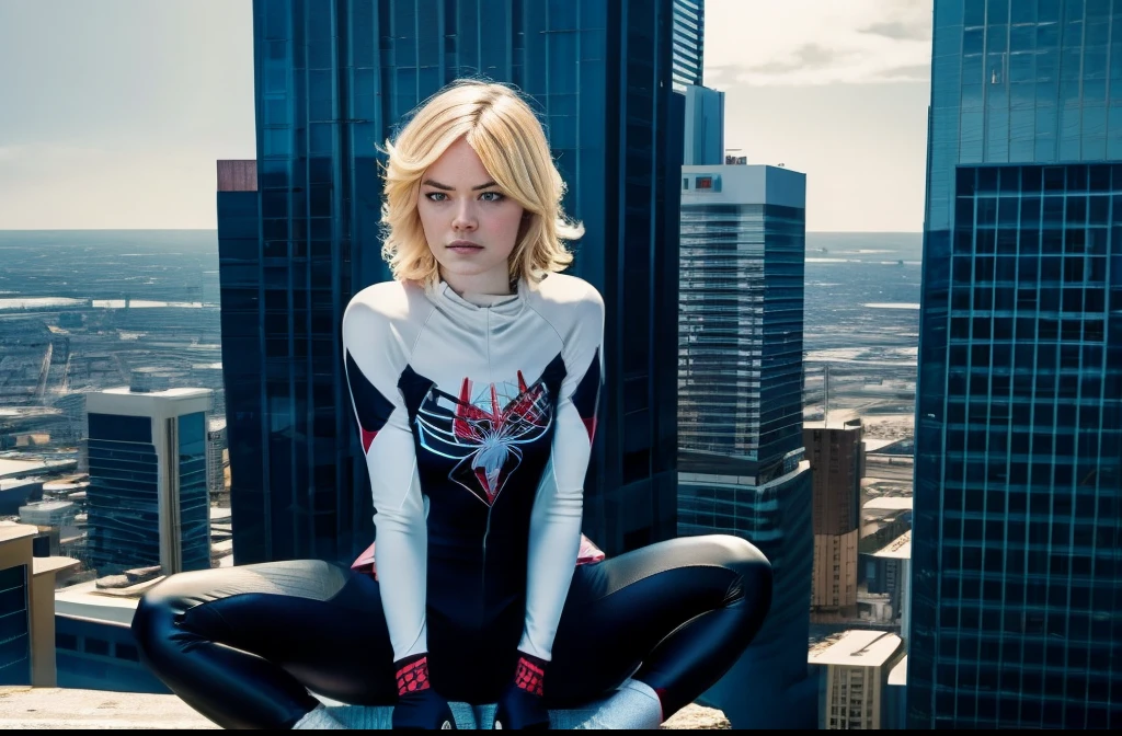 emma stone, spider gwen suit, blonde short hair, sitting on the of a building, sad expression, imagine photorealistic portrait, extremely detailed, hyperrealism, 4k resolution, cinematic scene.