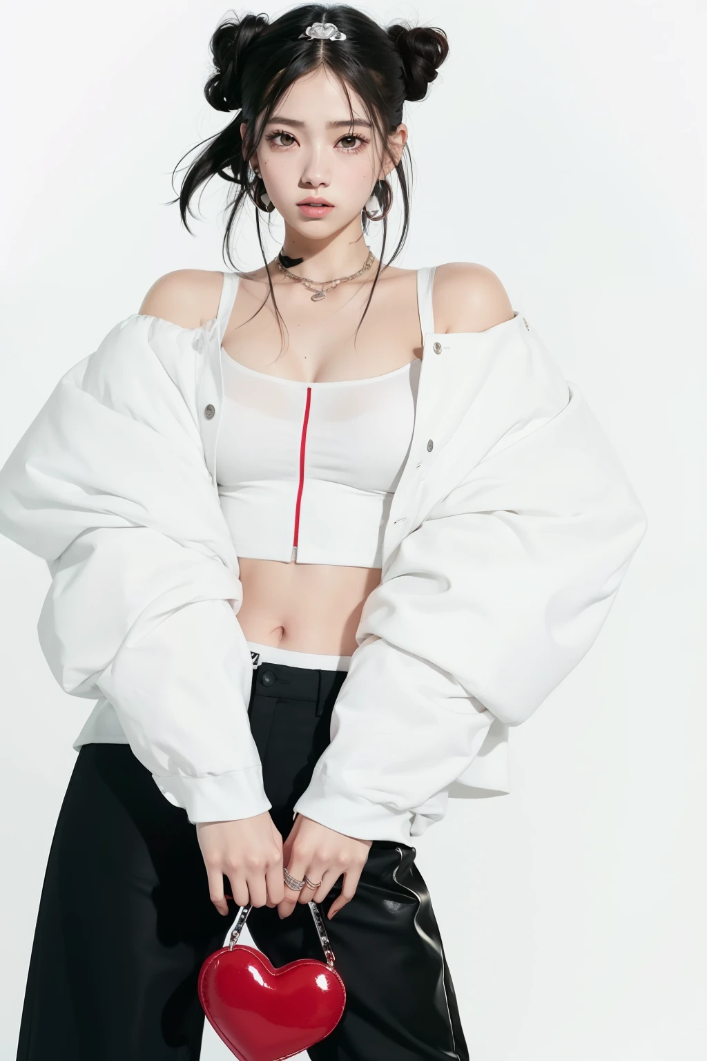 Araffe woman wearing white top and black pants holding a red heart., jisoo de blackpink, parque roseanne de blackpink, Jisoo de Blackpink, jossi de blackpink, retrato de jisoo rosa negro, portrait of jossi de blackpink, jennie rosa negro, Dua Lipa, sol yunjoo, photograph of a woman in technological clothing, por Emma Andijewska, Foto de moda cyborg blanca