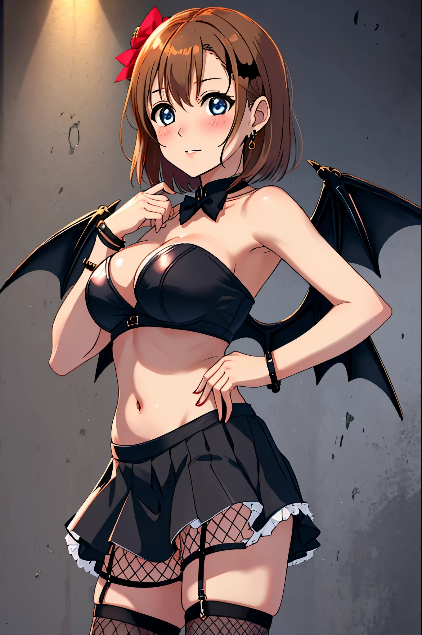 Masterpiece, best quality,Kousaka honoka, strapless black crop top, micro skirt, fishnet thighhighs,big breasts, short hair, hair ornament, standing , Blushing ,cowboy shot, bat wings , jewelry ,hand on hip