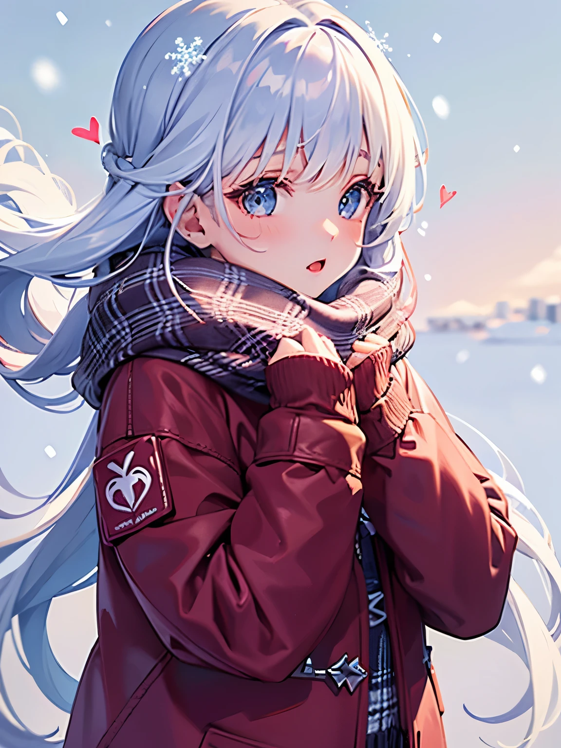 girl,((♡)),((flying Heart's)),((snow view background:1.3)),(Fancy World),((Colorful and casual winter clothes)),(close up of face),